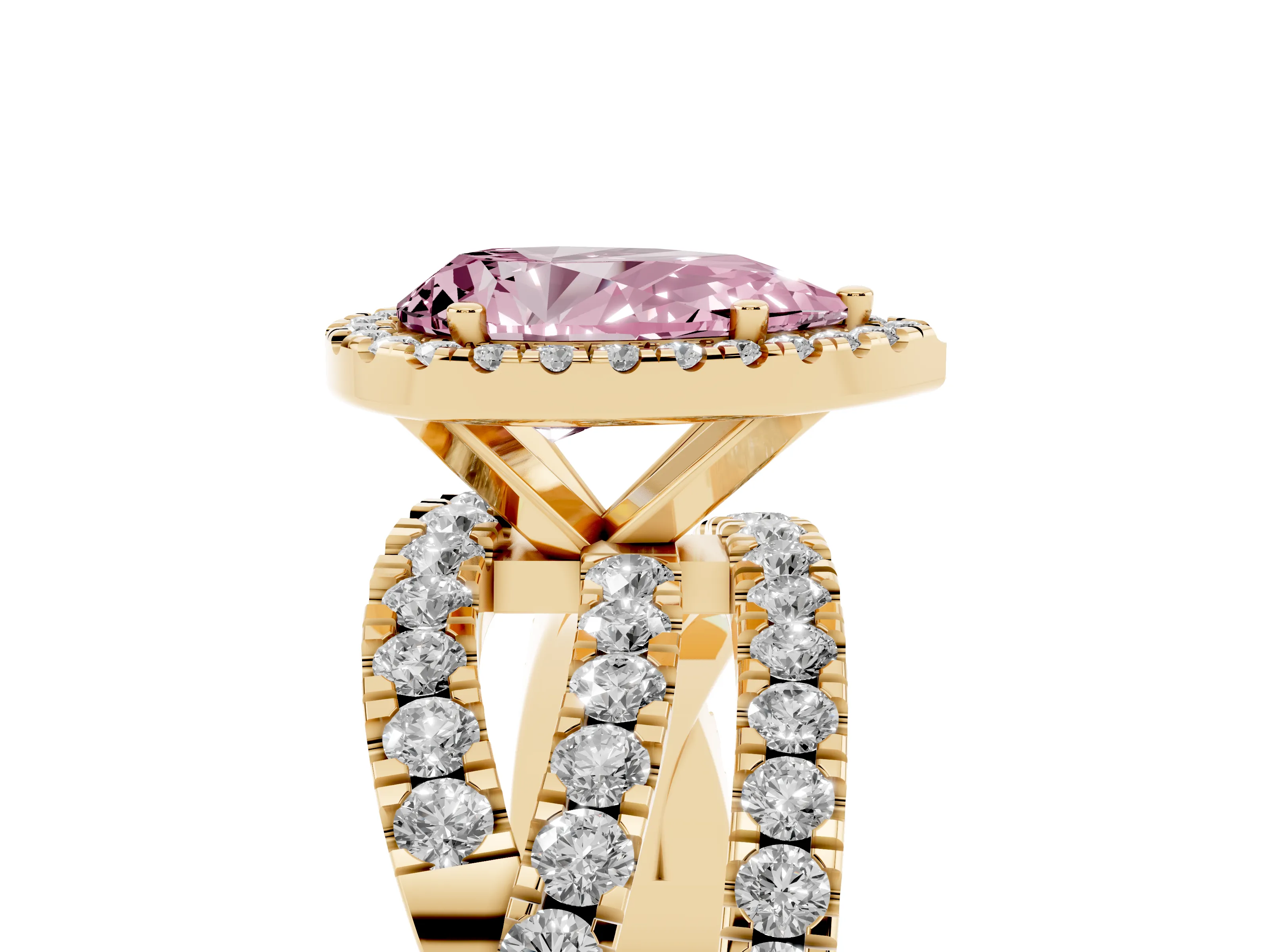 Fancy Pink Pear Cut Diamond Halo Ring Set in Yellow gold with Round Crossover Split Shank and Prong Setting