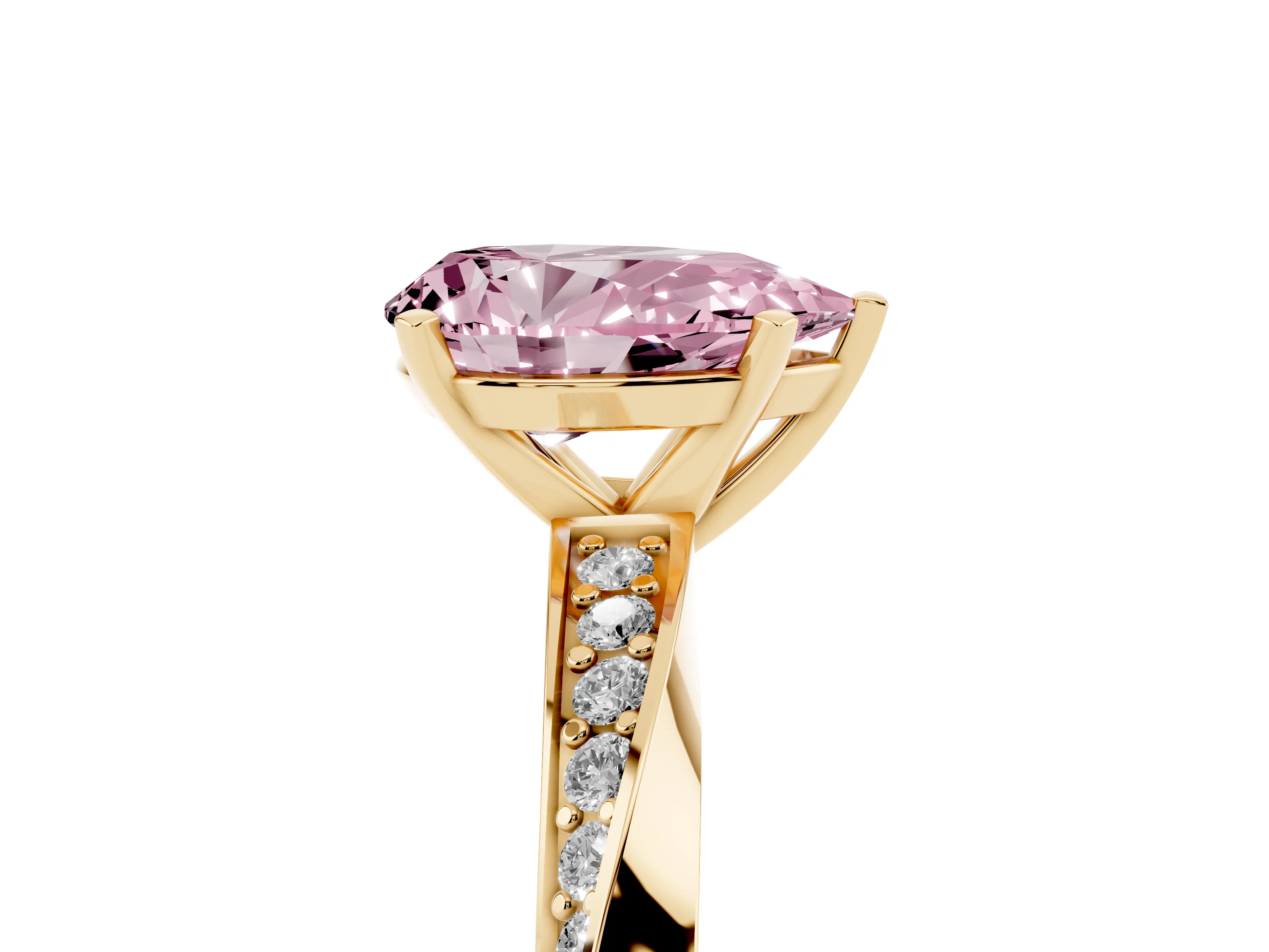 Fancy Pink Pear Cut Diamond Engagement Ring Set in Yellow gold with Side Stone Accents and Prong Setting
