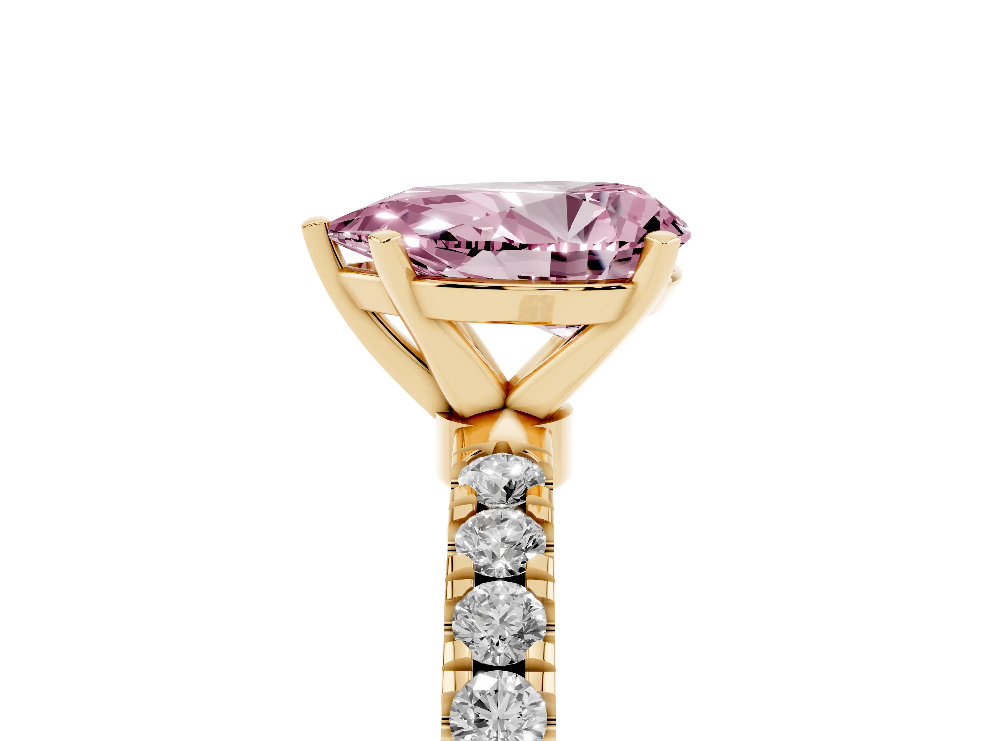 Fancy Pink Pear Cut Diamond Solitaire Ring Set in Yellow gold with Pavé Accents and Prong Setting