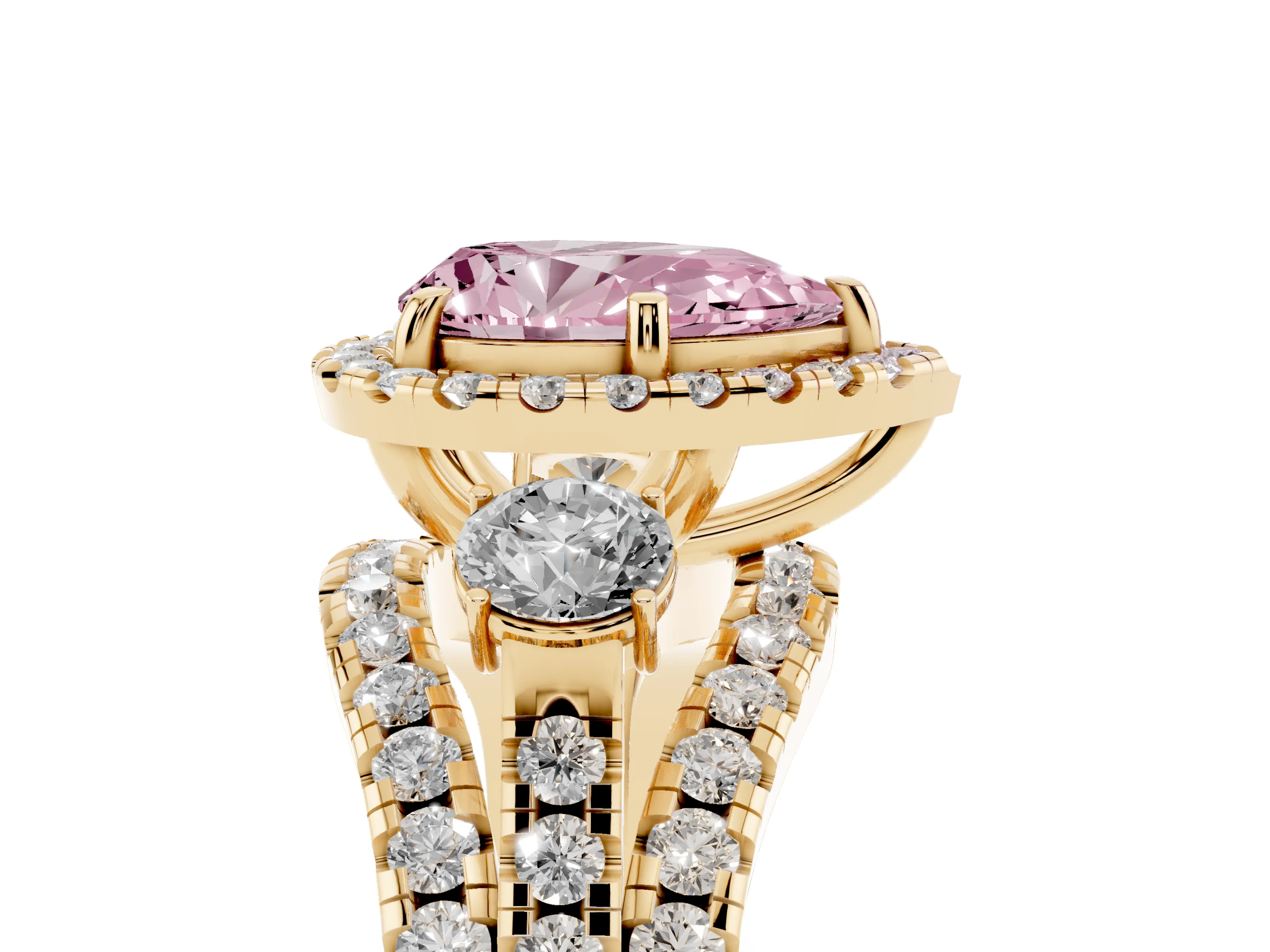 Fancy Pink Pear Cut Diamond Halo Split Shank Ring Set in Yellow gold with Round Accent Stones and Prong Setting