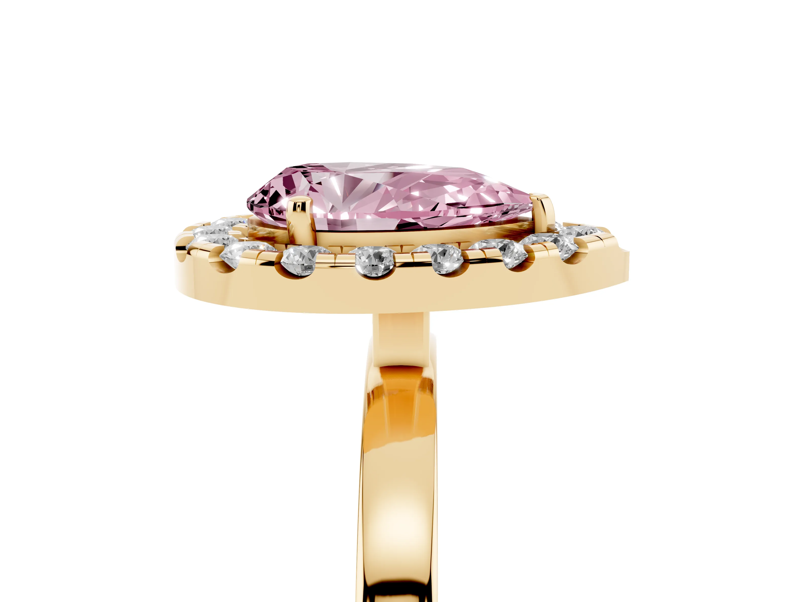 Fancy Pink Pear Cut Diamond Halo Solitaire Ring Set in Yellow gold with Pavé Band and Prong Setting