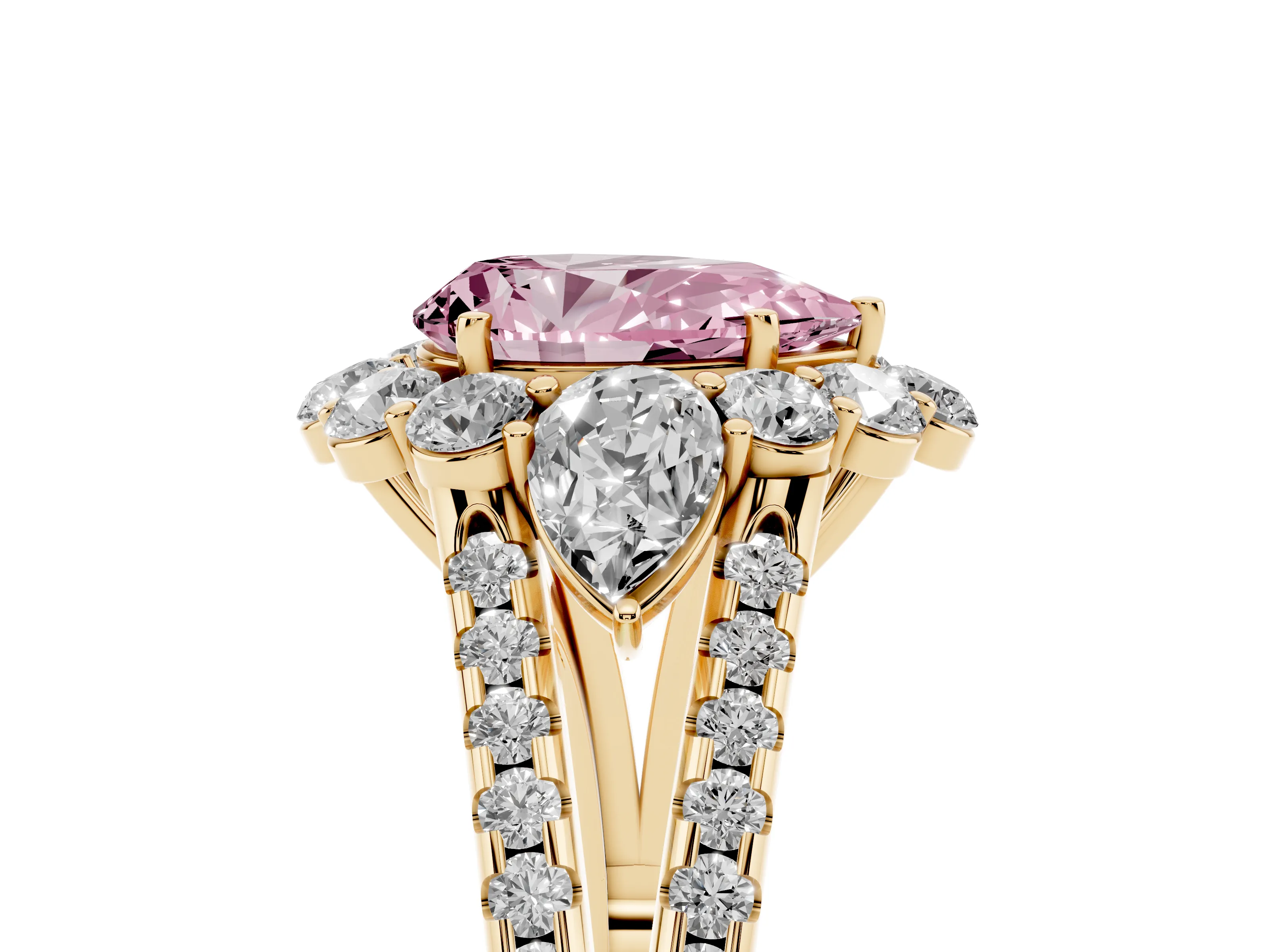 Fancy Pink Pear Cut Diamond Halo Split Shank Engagement Ring Set in Yellow gold with Prong-Held Center Stone