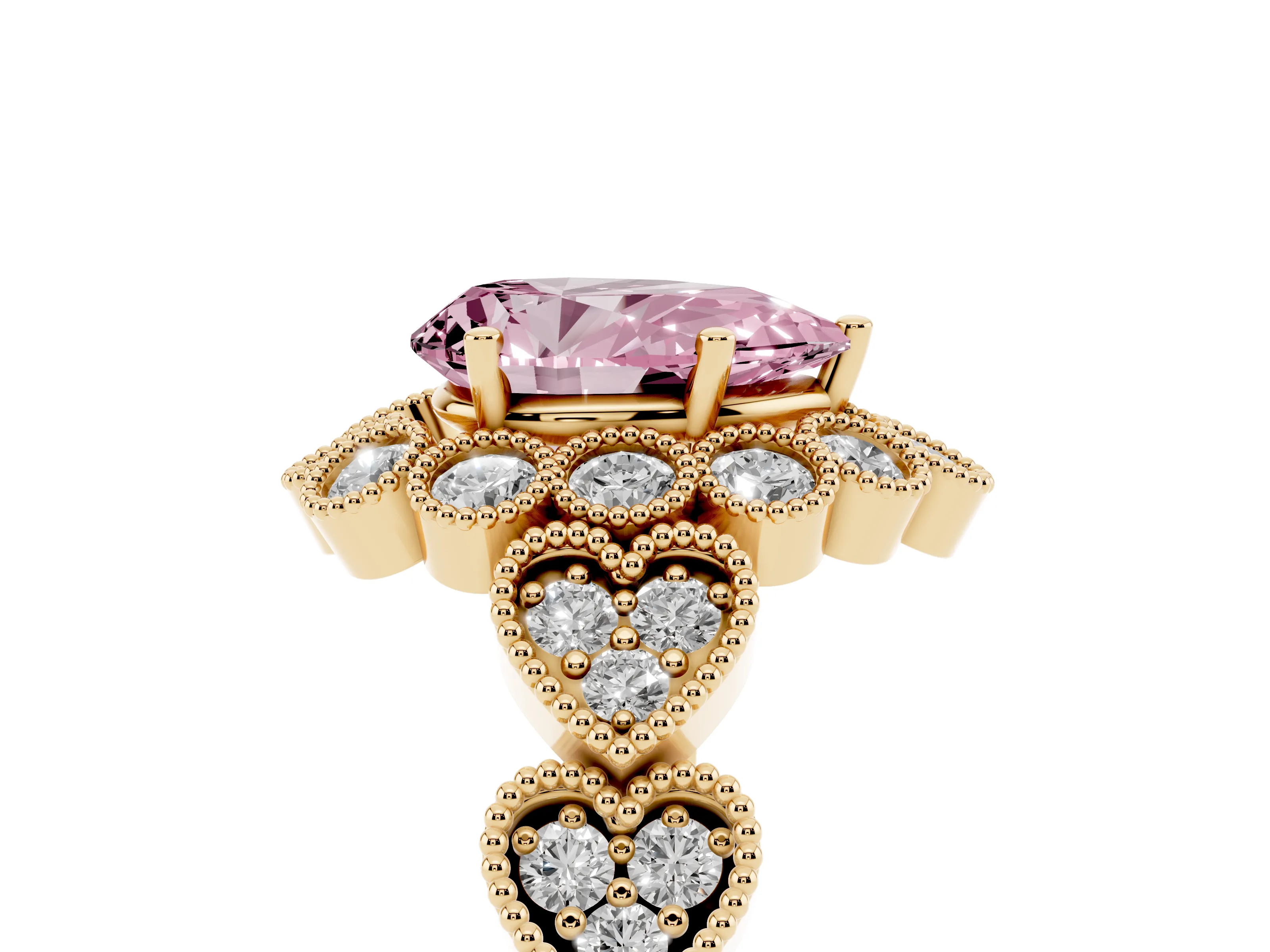 Fancy Pink Pear Cut Diamond Solitaire Ring Set in Yellow gold with Milgrain Pavé Heart Band