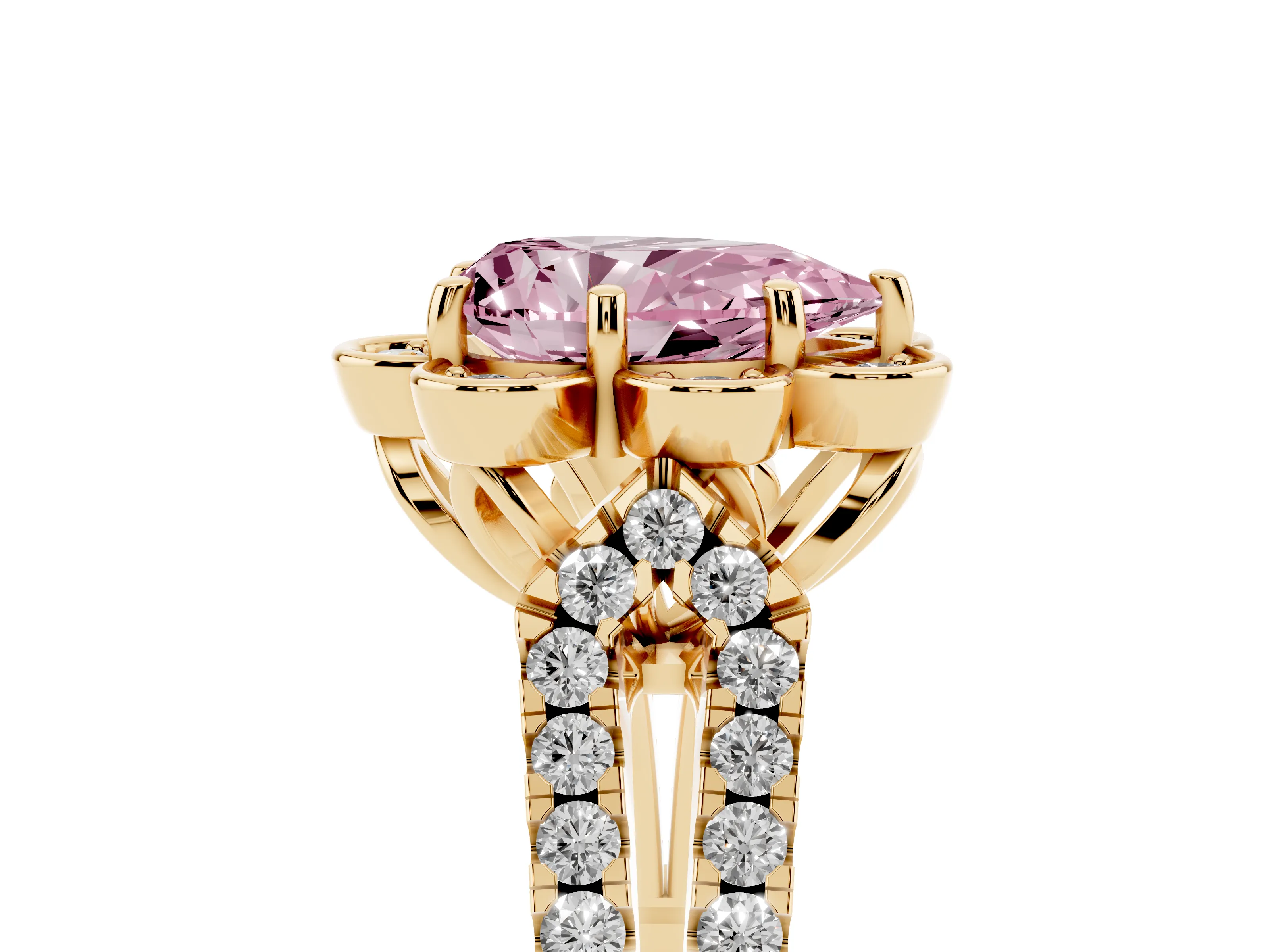 Fancy Pink Pear Cut Diamond Floral Halo Split Shank Engagement Ring Set in Yellow gold with Pavé Shank