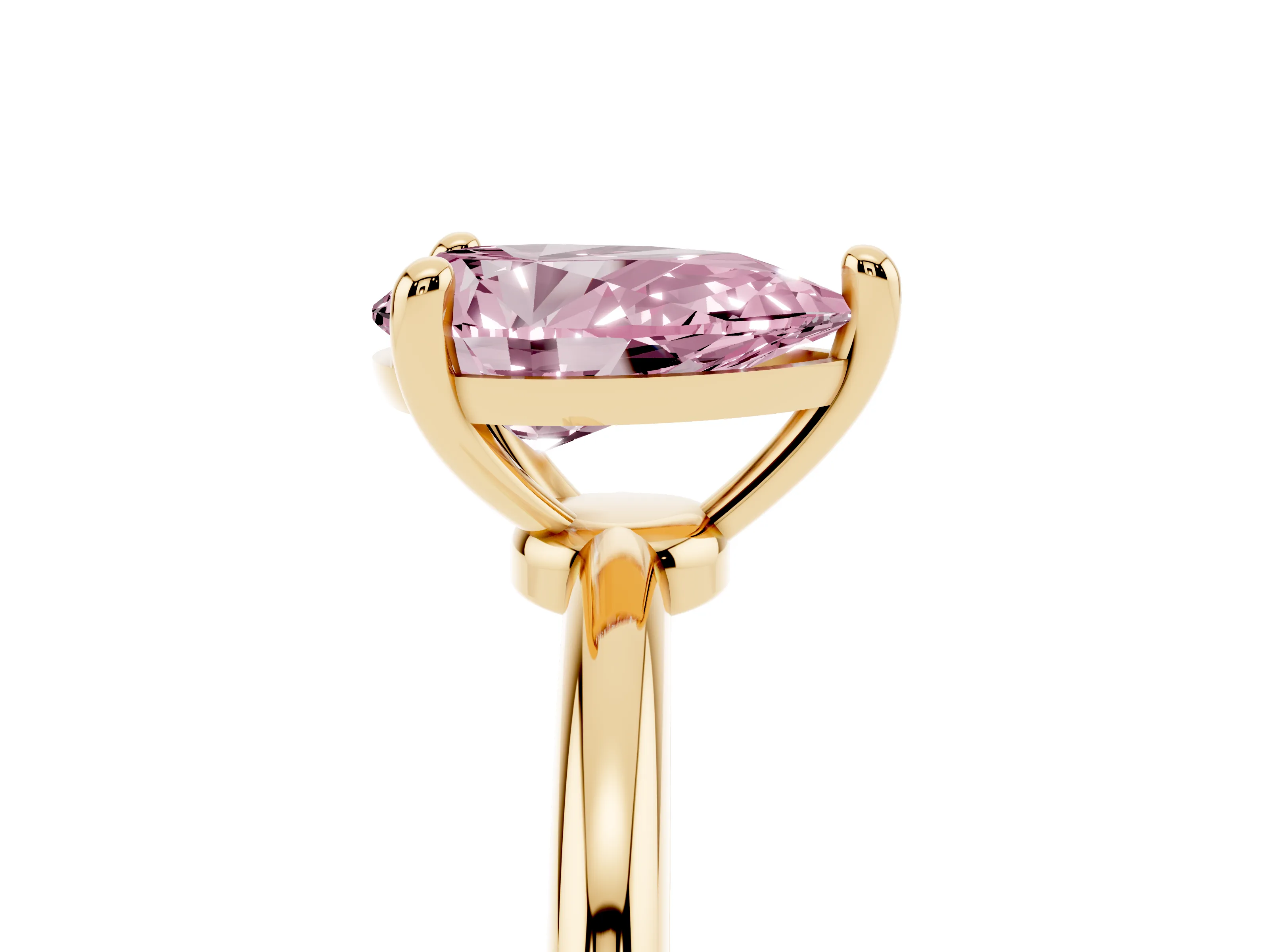 Fancy Pink Pear Cut Diamond Solitaire Ring Set in Yellow gold with Secure Prong Setting on a Classic Band