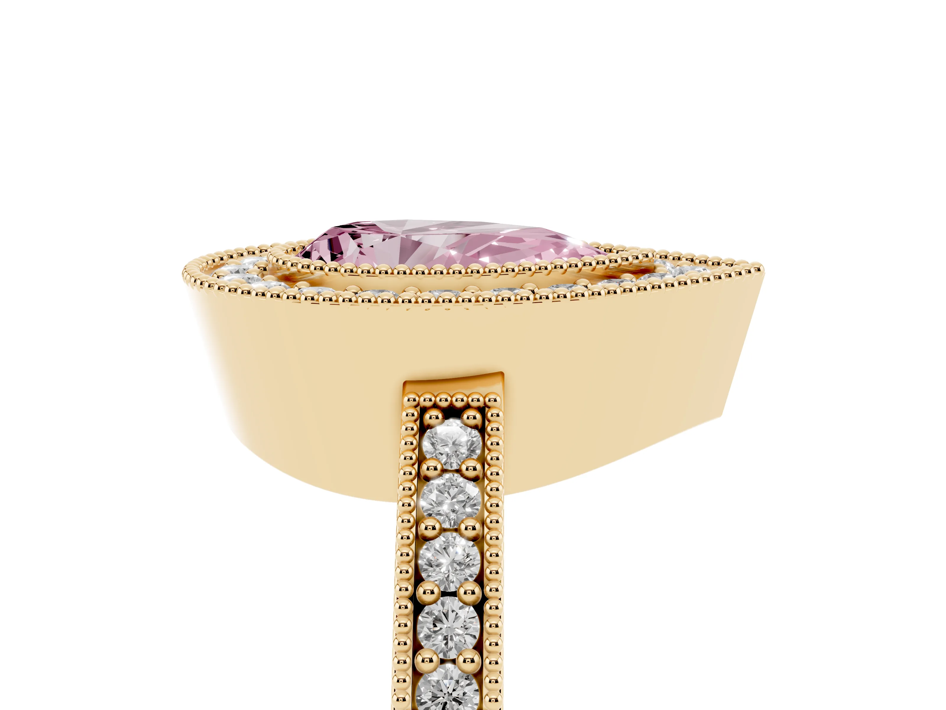 Fancy Pink Pear Cut Diamond Halo Engagement Ring Set in Yellow gold with Pavé Band and Round Halo Stones