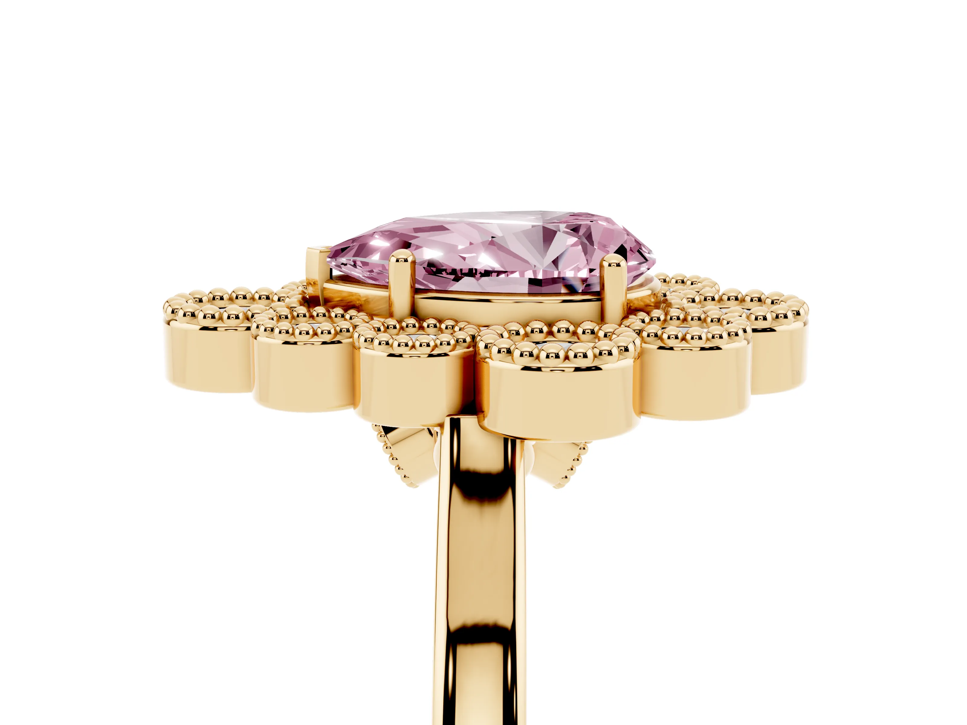 Fancy Pink Pear Cut Diamond Cluster Halo Ring Set in Yellow gold with Milgrain Bezel Accents and Plain Band