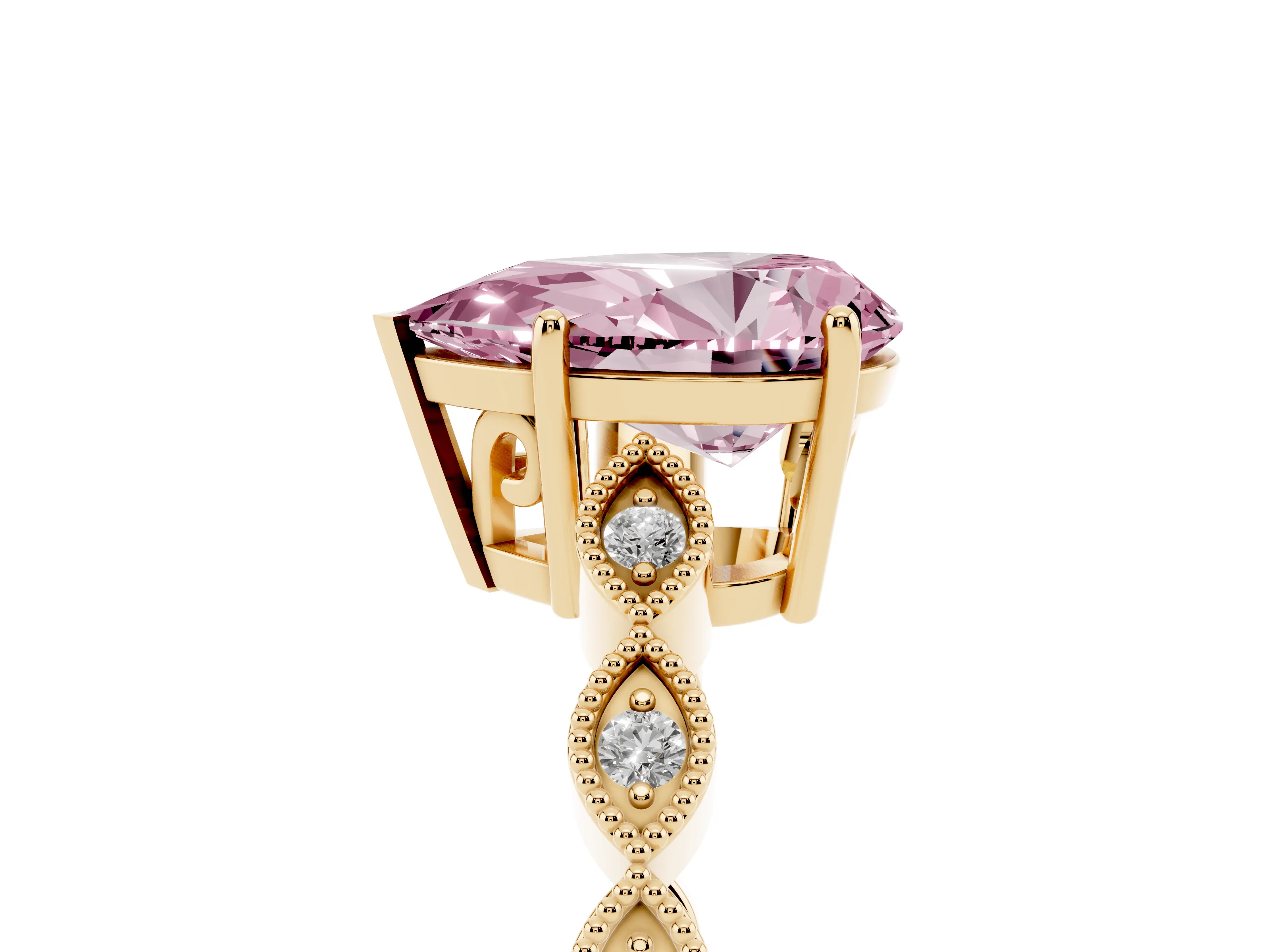 Fancy Pink Pear Cut Diamond Solitaire Ring Set in Yellow gold with Infinity Twist Pavé Band
