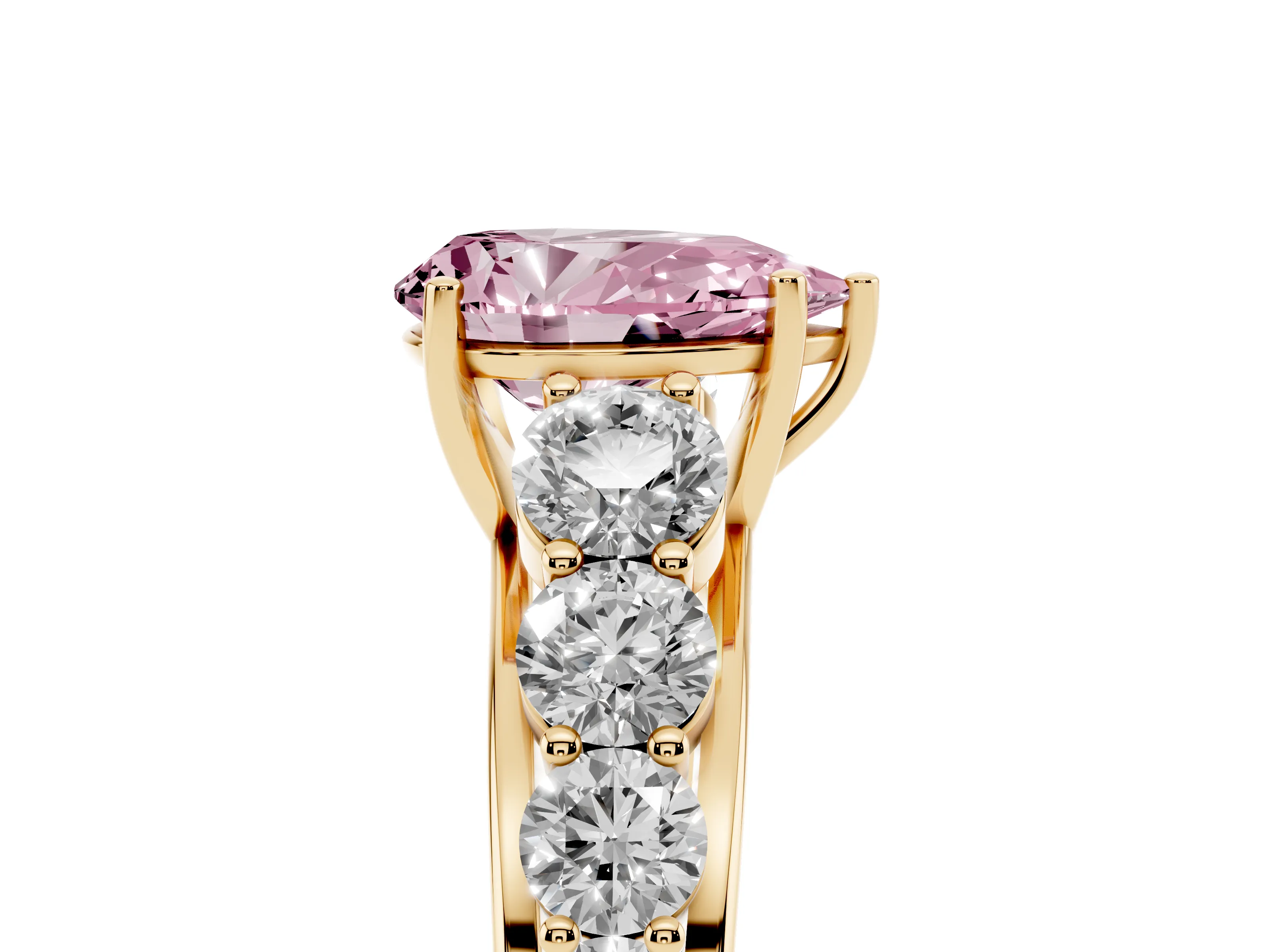 Fancy Pink Pear Cut Diamond Solitaire Ring Set in Yellow gold with Pavé-Set Band and Prong Setting
