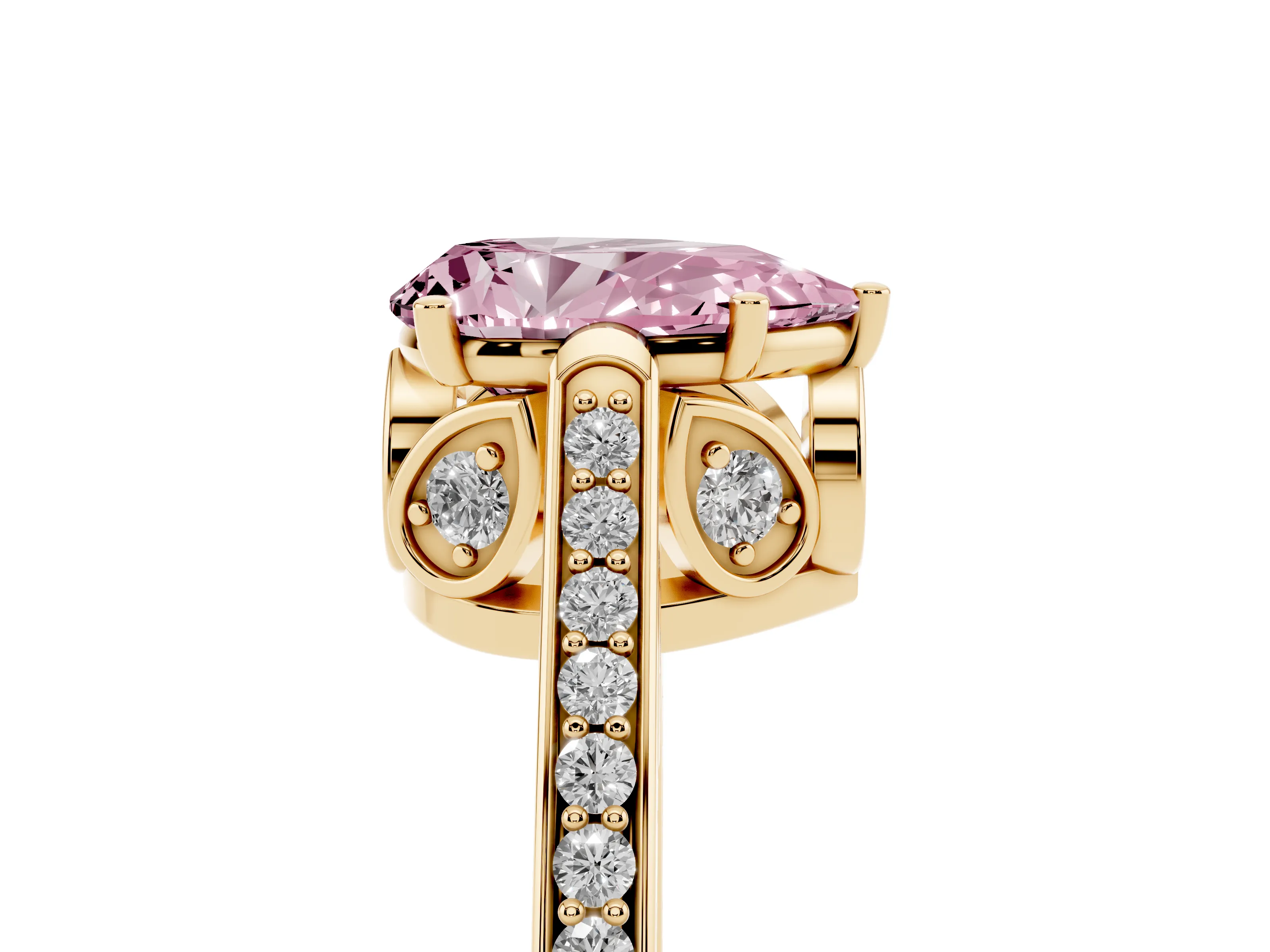 Fancy Pink Pear Cut Diamond Cathedral Pavé Engagement Ring Set in Yellow gold with Prong Setting