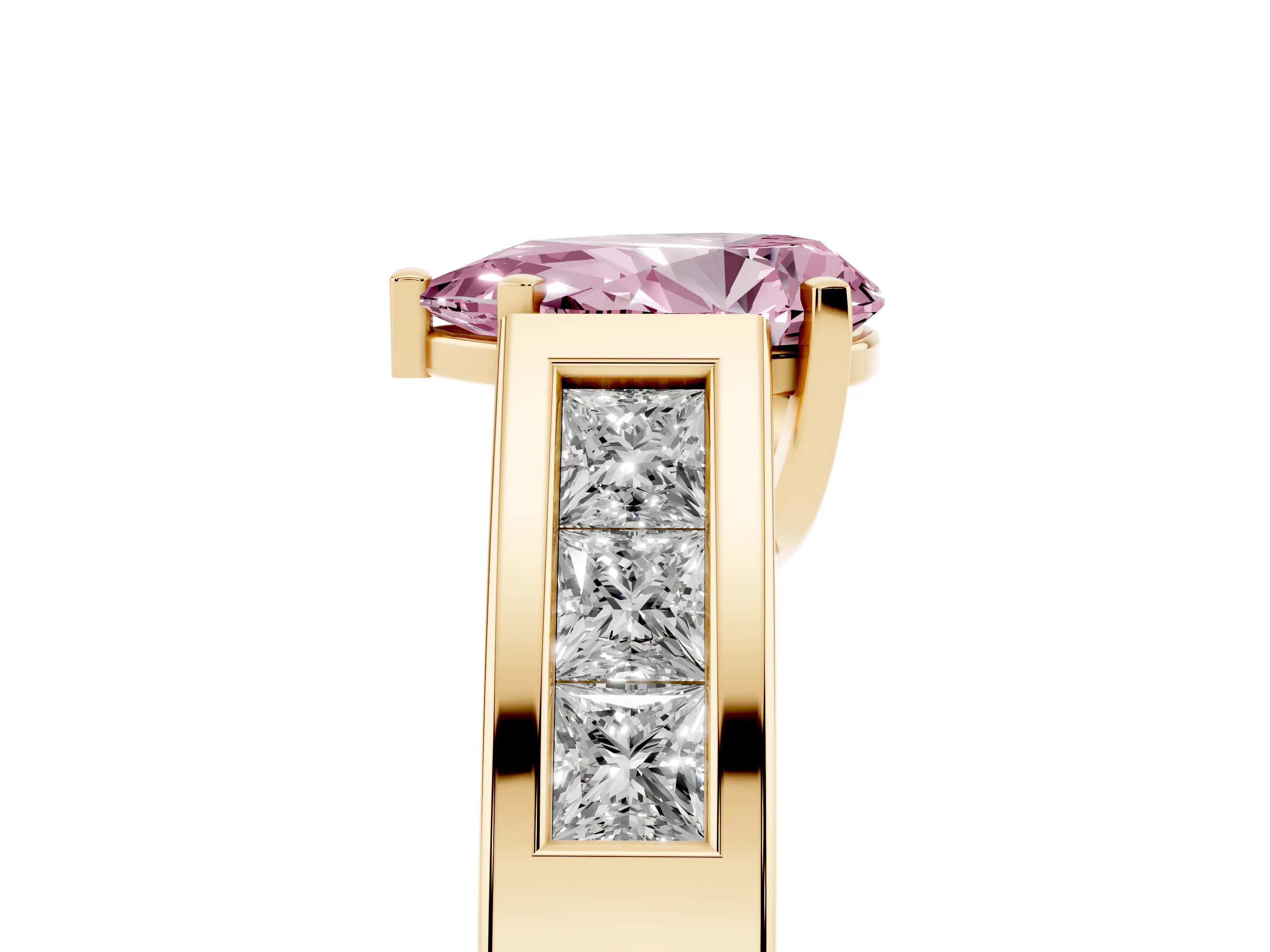 Fancy Pink Pear Cut Diamond Solitaire Ring Set in Yellow gold with Channel-Set Accent Stones and Prong Setting