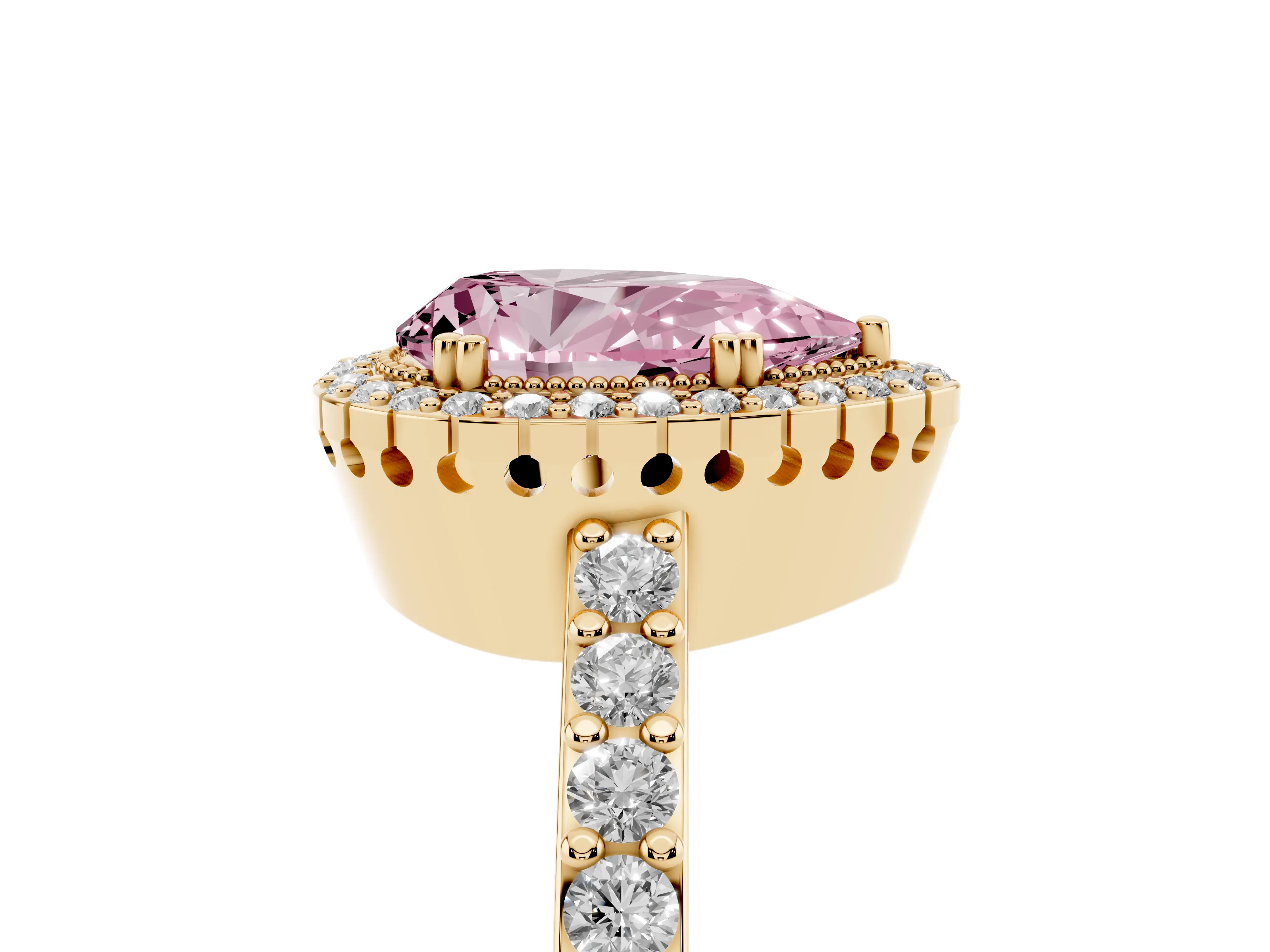 Fancy Pink Pear Cut Diamond Halo Engagement Ring Set in Yellow gold with Milgrain Detail and Pavé Band