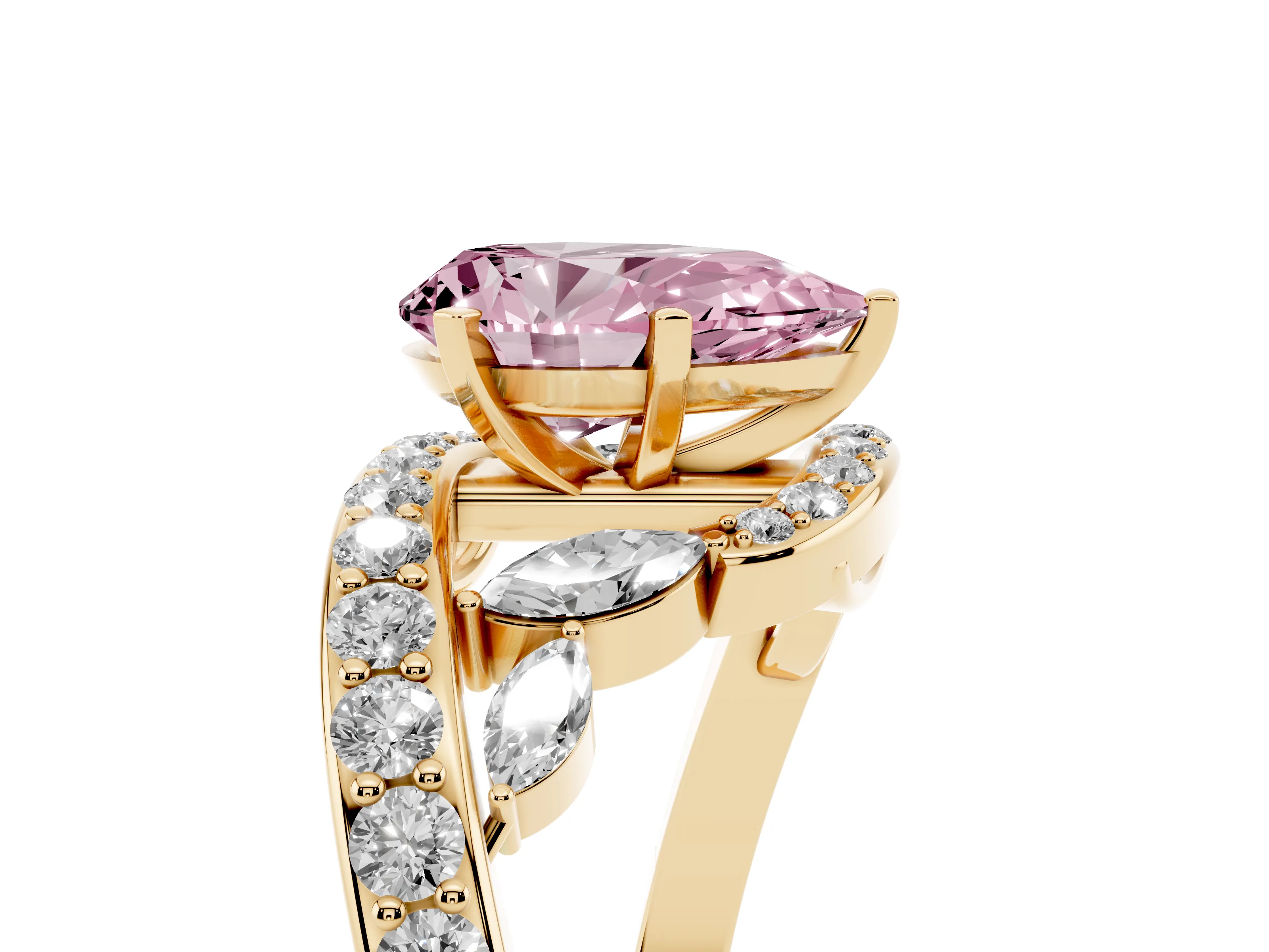 Fancy Pink Pear Cut Diamond Solitaire Ring Set in Yellow gold with Pavé Twist Band and Secure Prong Setting