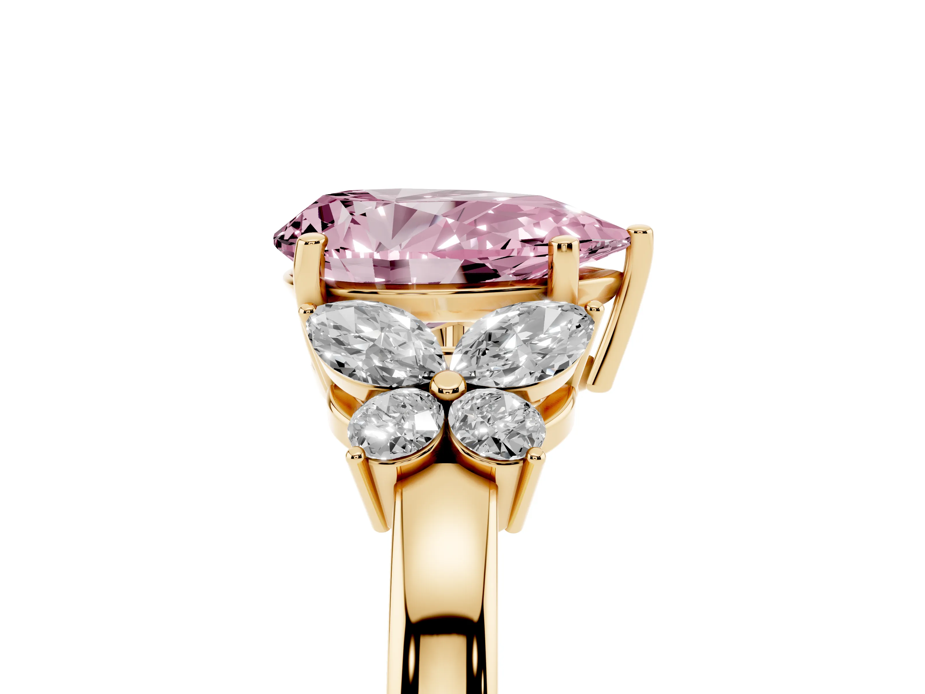 Fancy Pink Pear Cut Diamond Solitaire Floral Ring Set in Yellow gold with Marquise Petals and Prong Setting