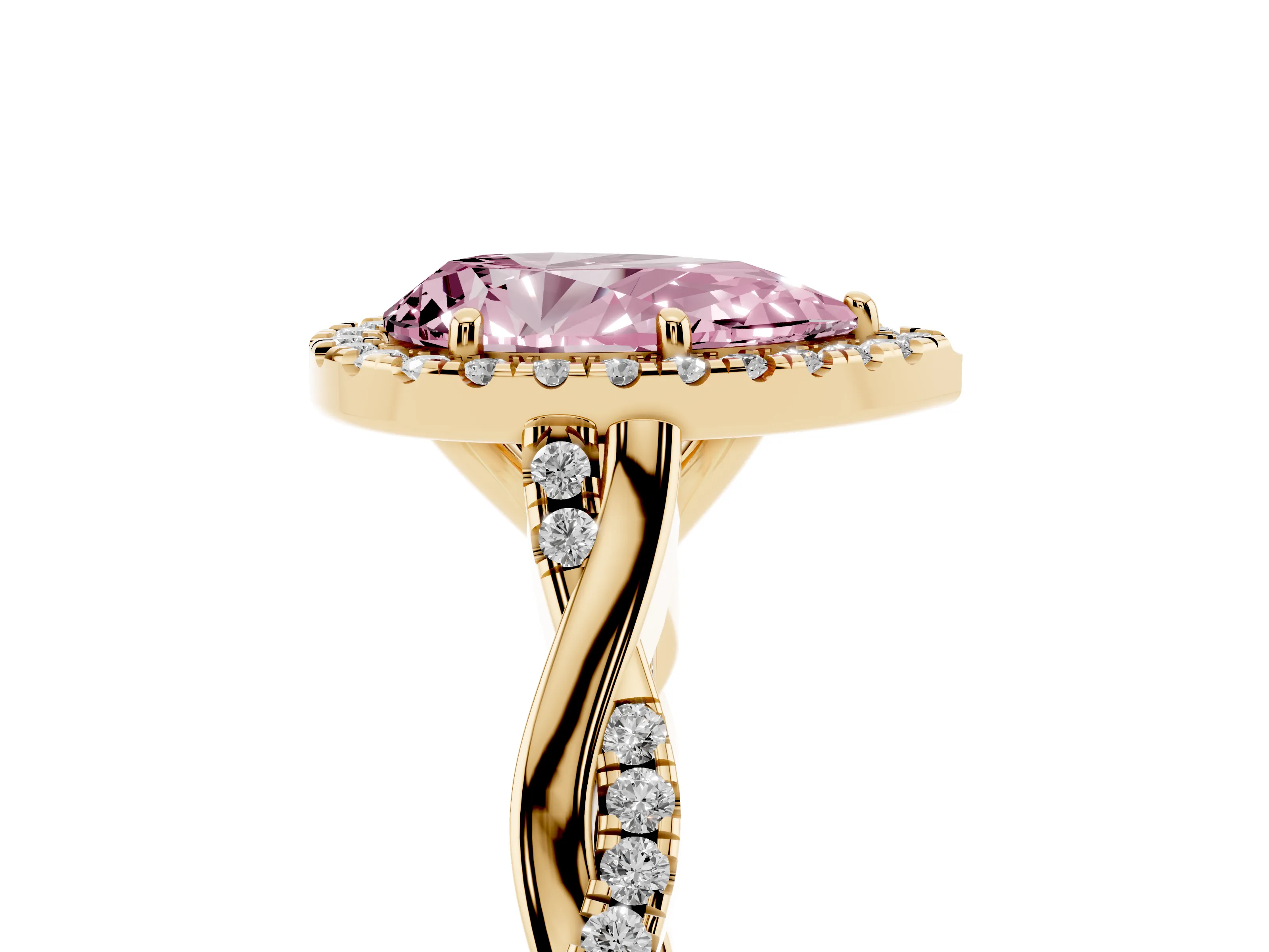 Fancy Pink Pear Cut Diamond Halo Twist Band Solitaire Ring Set in Yellow gold with Prong Setting