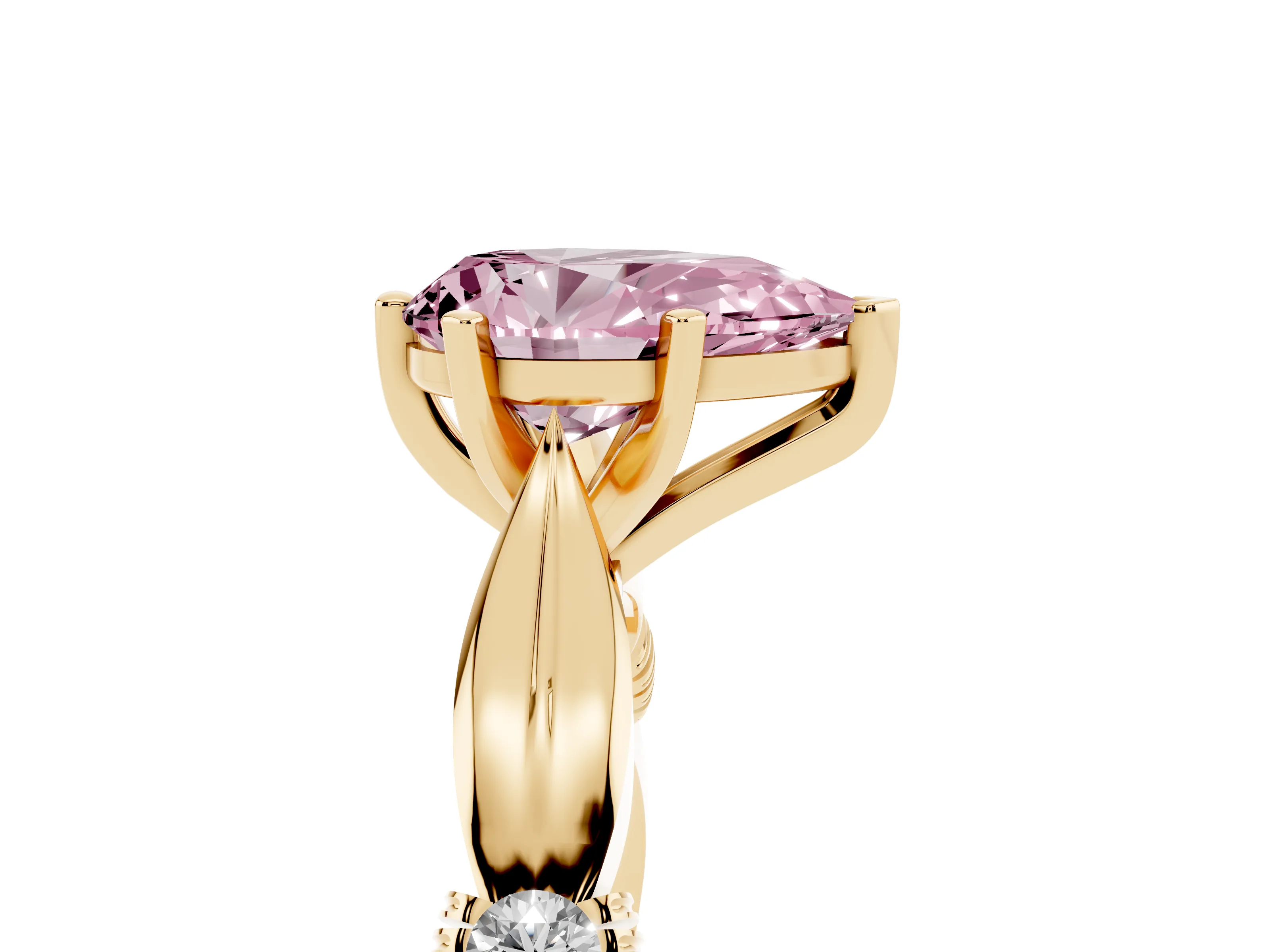 Fancy Pink Pear Cut Diamond Solitaire Twisted Band Ring Set in Yellow gold with Accent Stones and Prong Setting