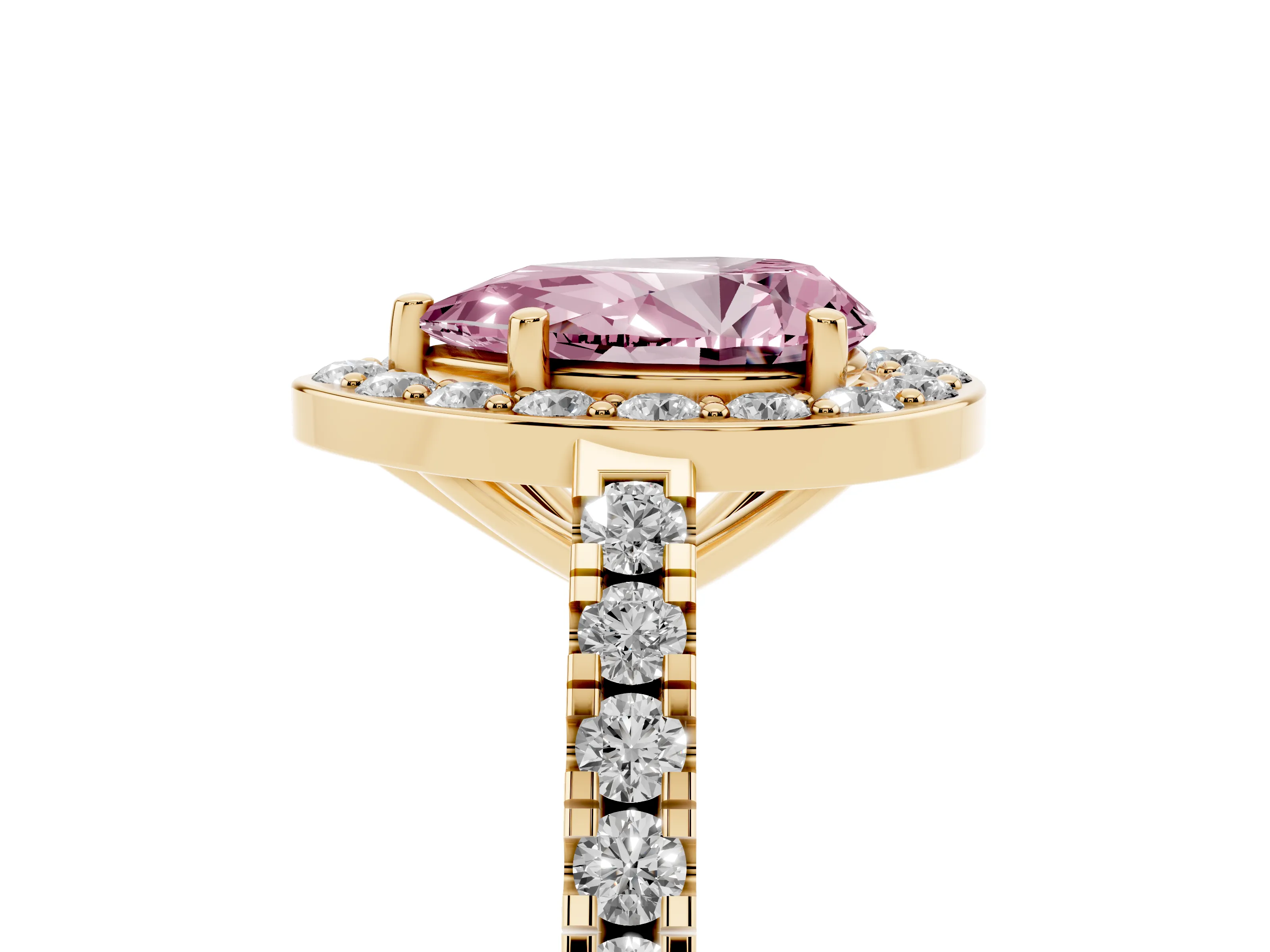 Fancy Pink Pear Cut Diamond Halo Ring Set in Yellow gold with Round Pavé Split Shank and Prong Setting