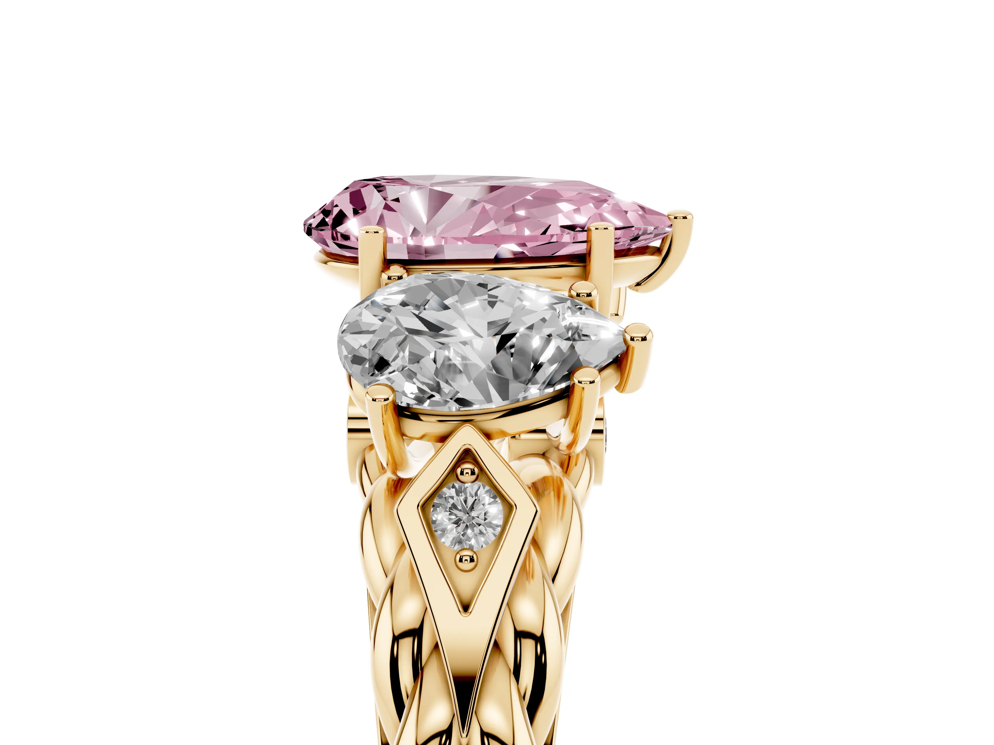 Fancy Pink Pear Cut Diamond Three-Stone Ring Set in Yellow gold with Braided Band