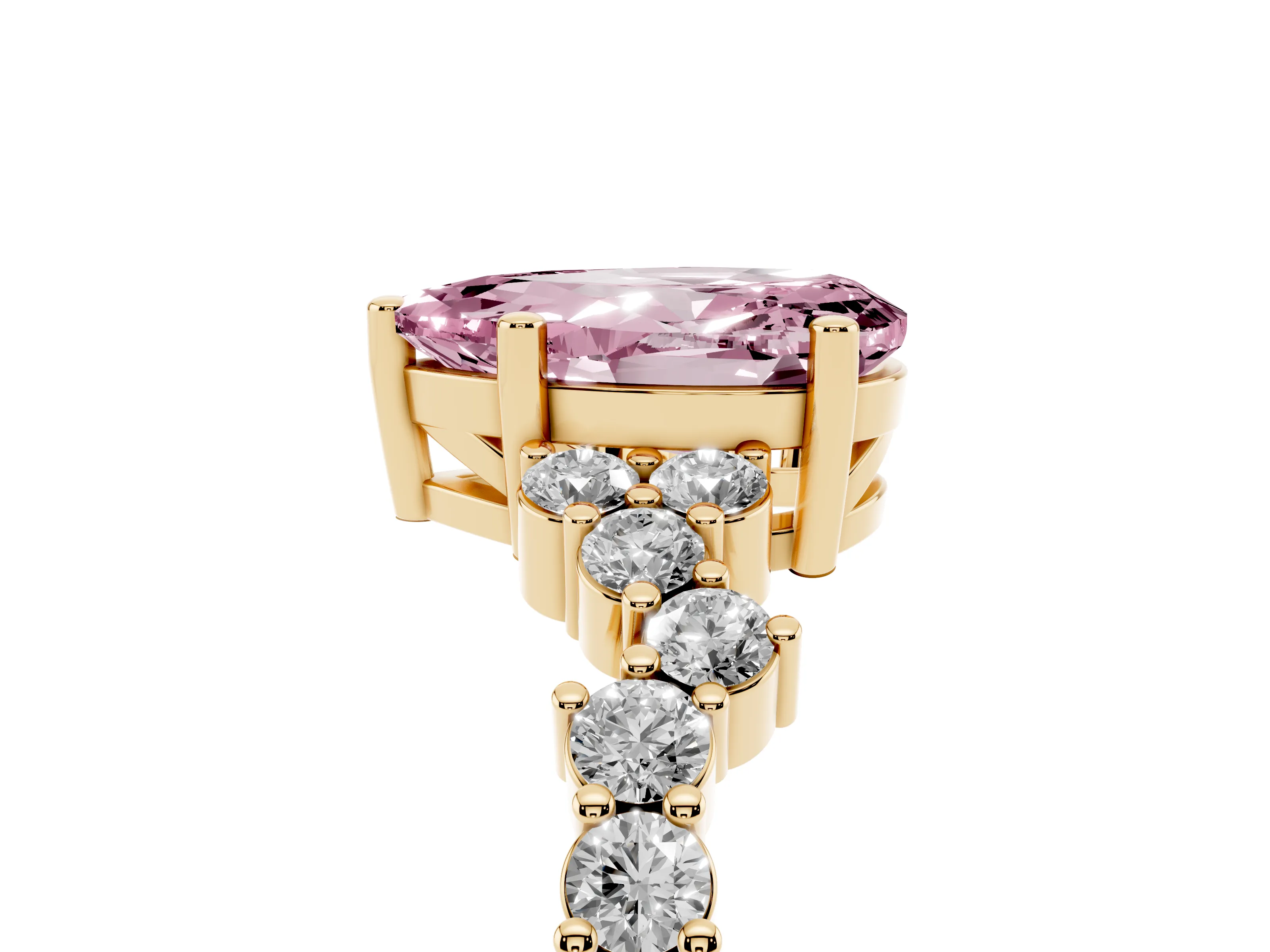 Fancy Pink Pear Cut Diamond Ring Set in Yellow gold with Scattered Round Accents