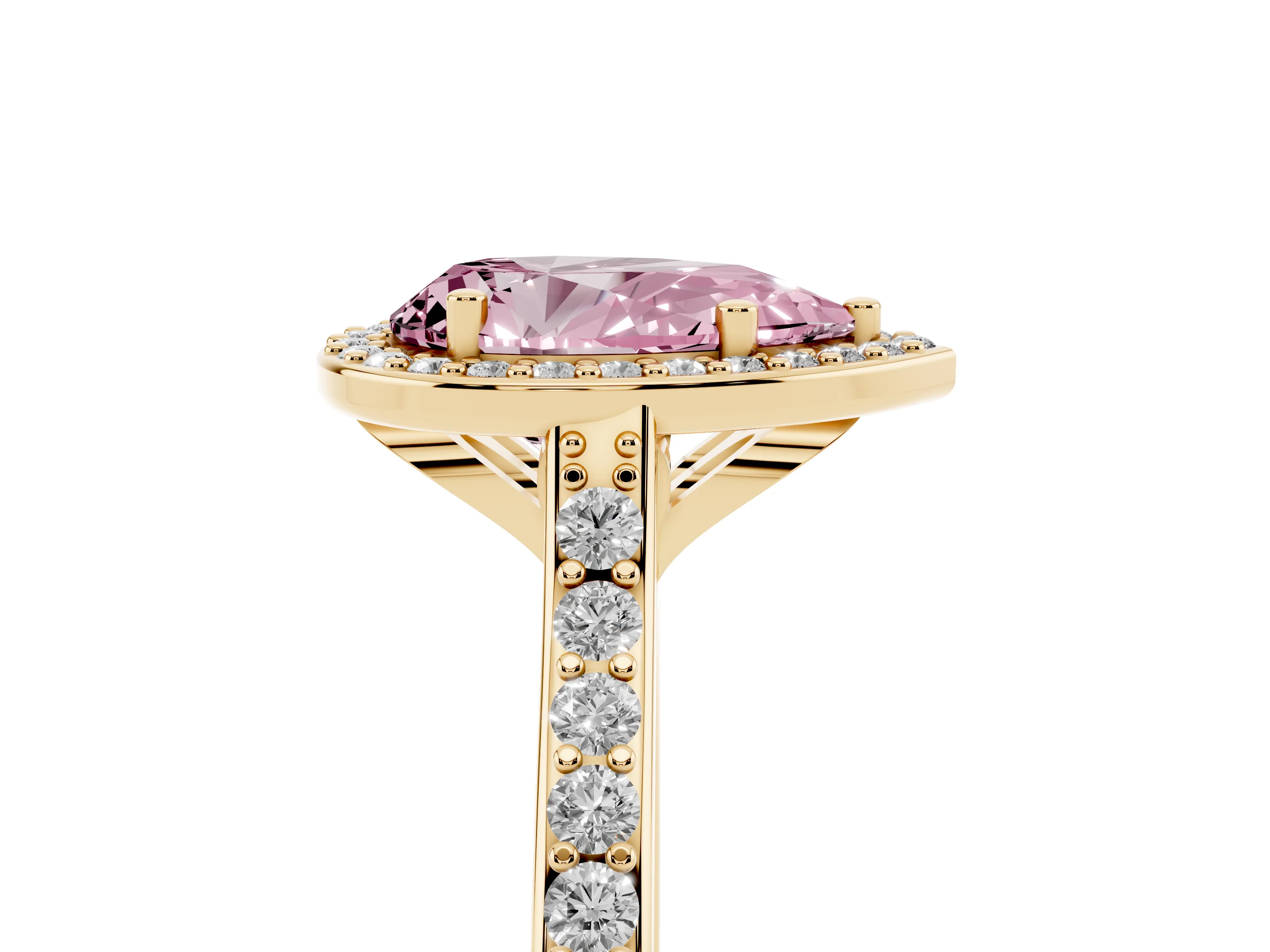 Fancy Pink Pear Cut Diamond Halo Engagement Ring Set in Yellow gold with Round Pavé Shoulders and Heart Gallery