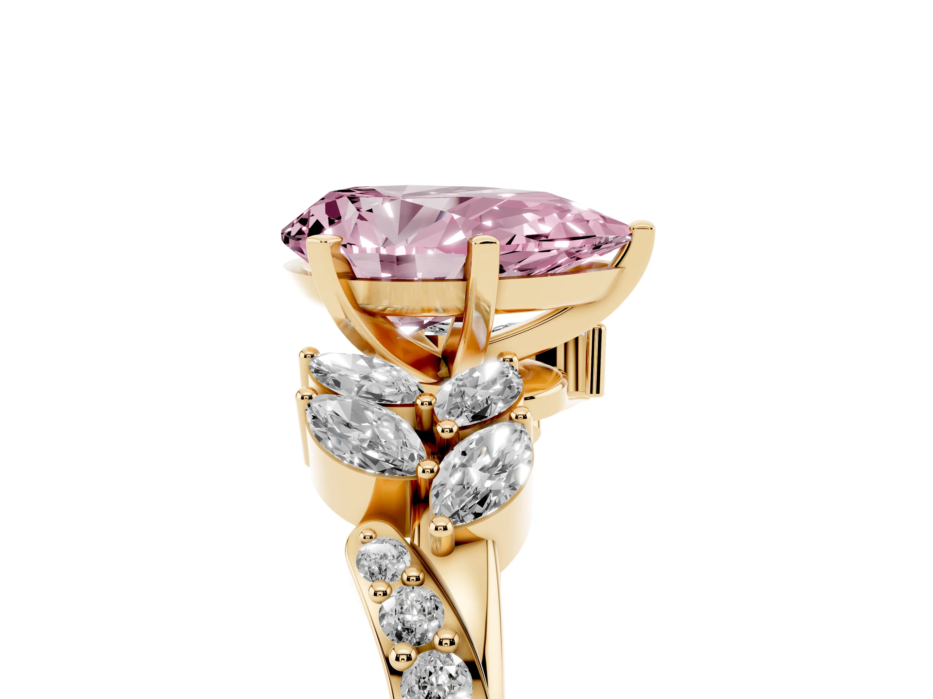 Fancy Pink Pear Cut Diamond Solitaire Ring Set in Yellow gold with Marquise Twist Band and Prong Setting