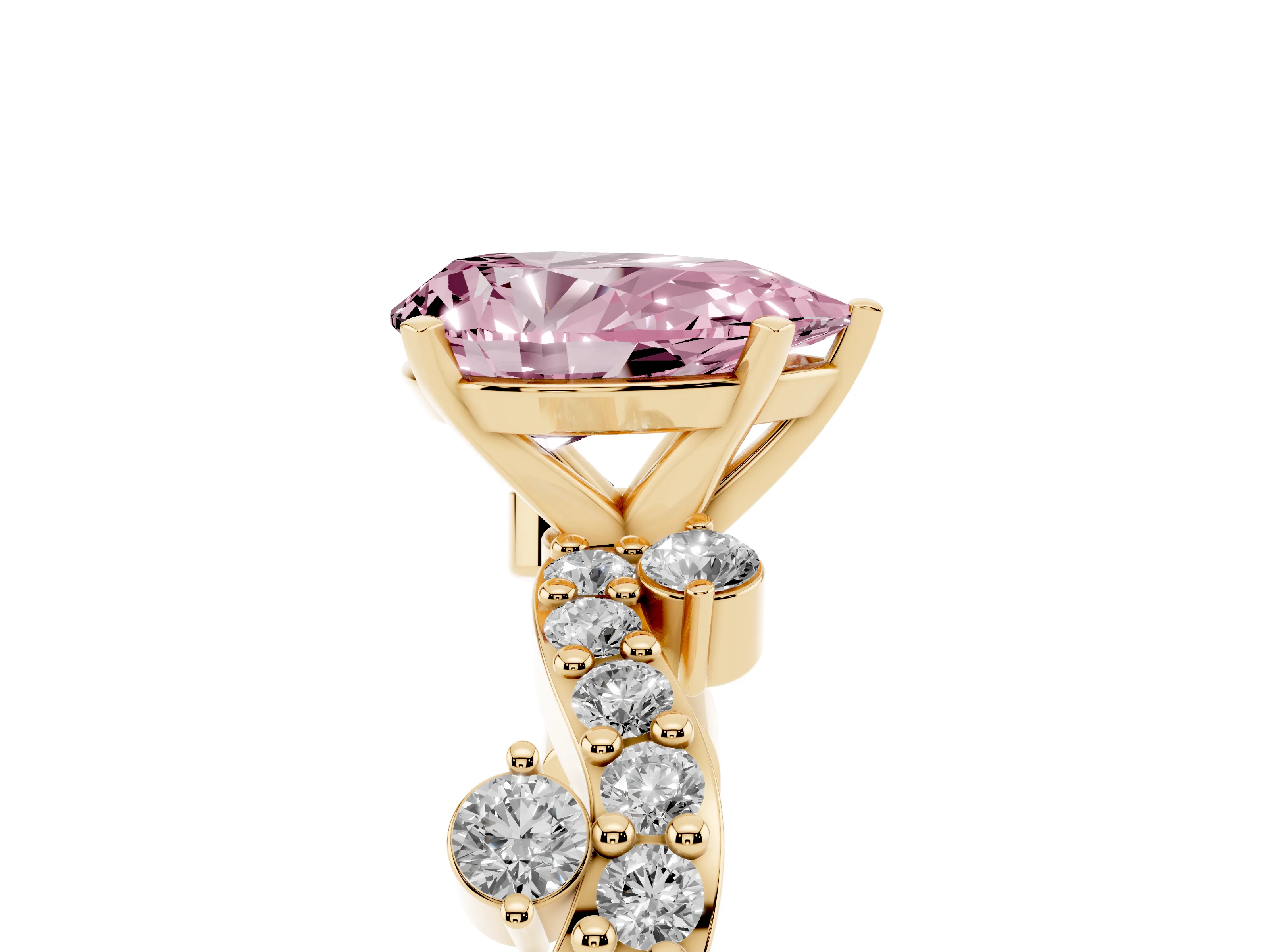 Fancy Pink Pear Cut Diamond Solitaire Twisted Band Set in Yellow gold with Pavé Setting