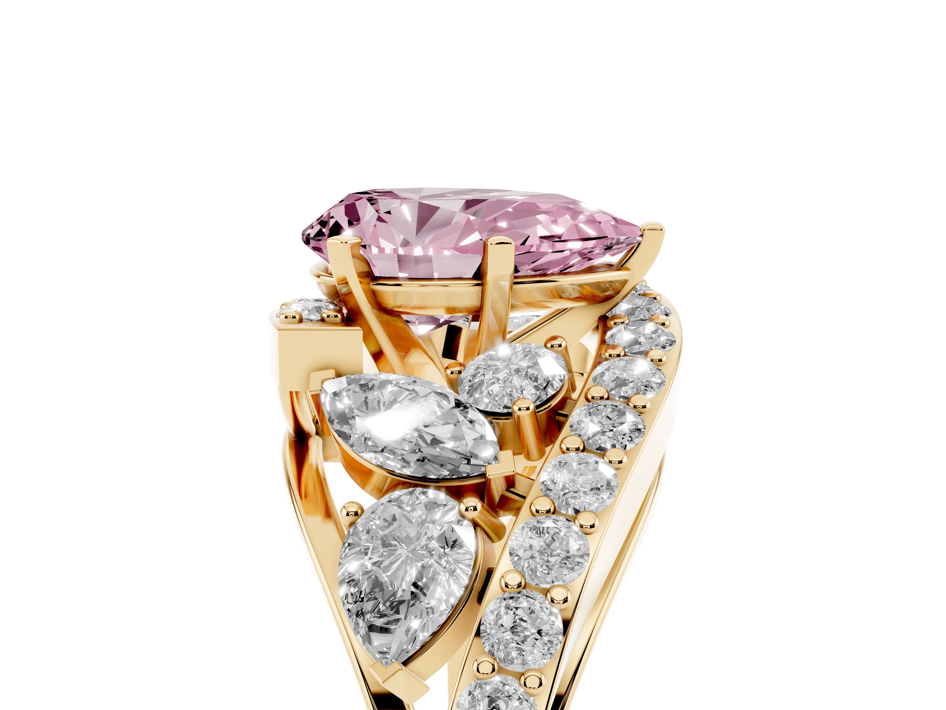 Fancy Pink Pear Cut Diamond Halo Ring Set in Yellow gold with Marquise and Pavé Band in Prong Setting