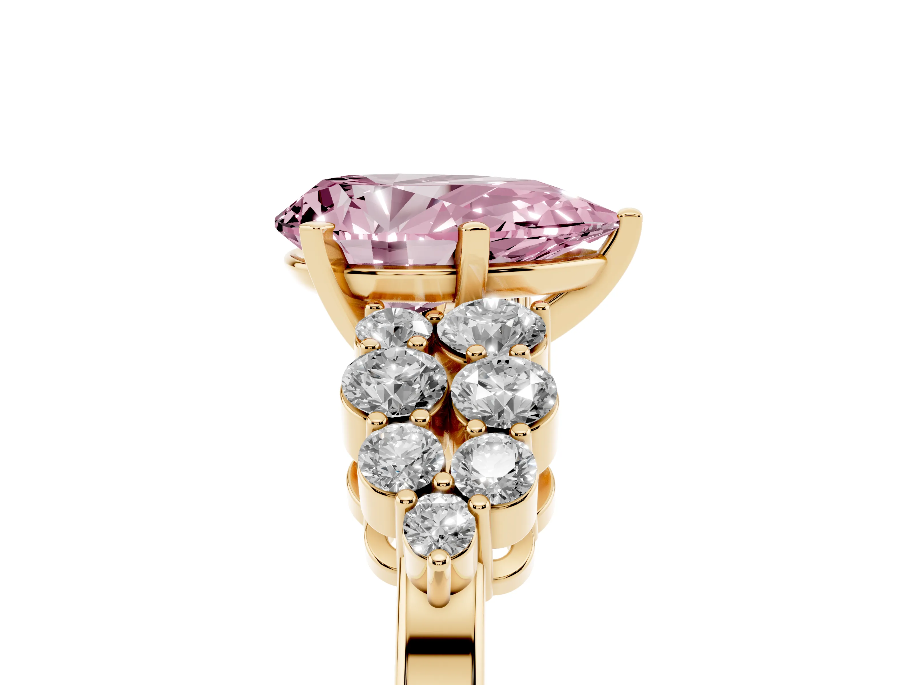 Fancy Pink Pear Cut Diamond Cluster Engagement Ring Set in Yellow gold with Pavé Band and Prong Setting