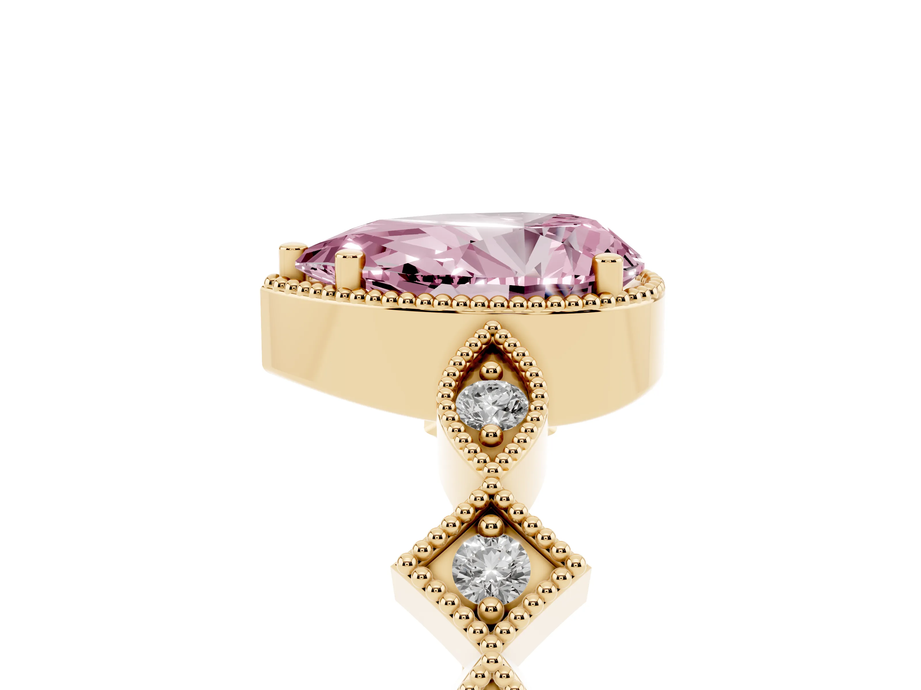 Fancy Pink Pear Cut Diamond Milgrain Marquise Twist Band Ring Set in Yellow gold with Prong Setting
