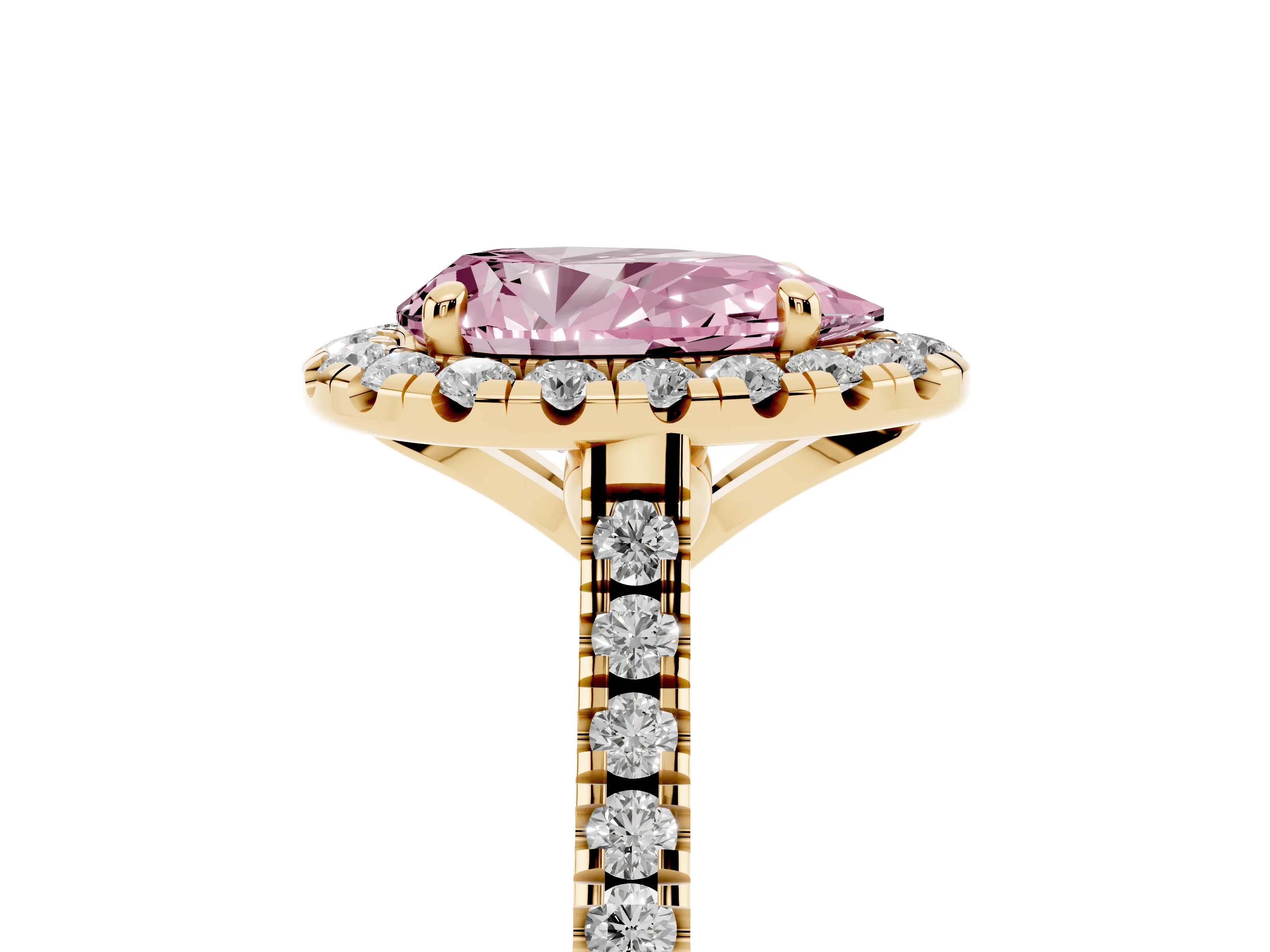 Fancy Pink Pear Cut Diamond Cushion Halo Ring Set in Yellow gold with Pavé Band