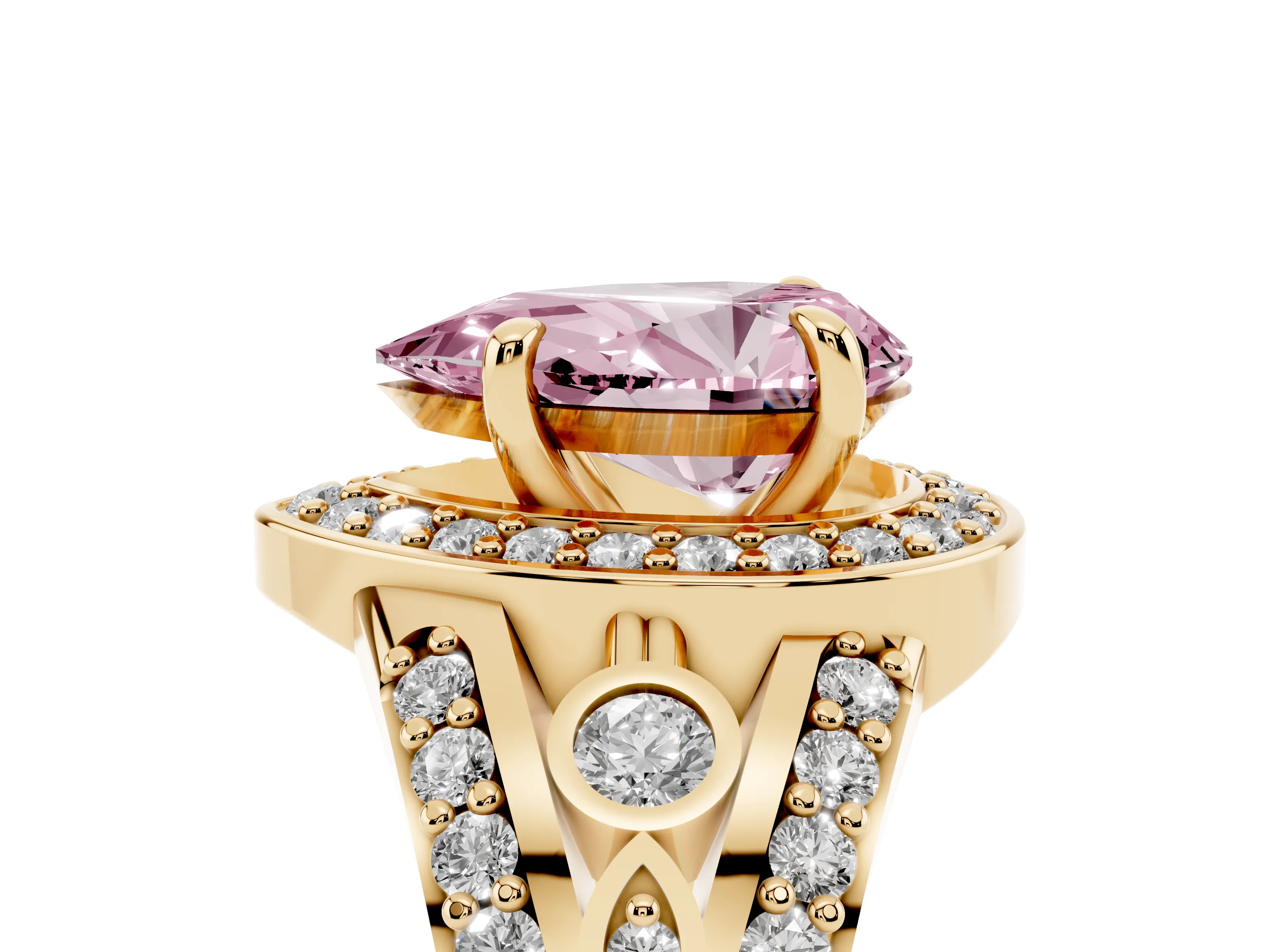 Fancy Pink Pear Cut Diamond Halo Ring Set in Yellow gold with Pavé Split Shank and Bezel Accents