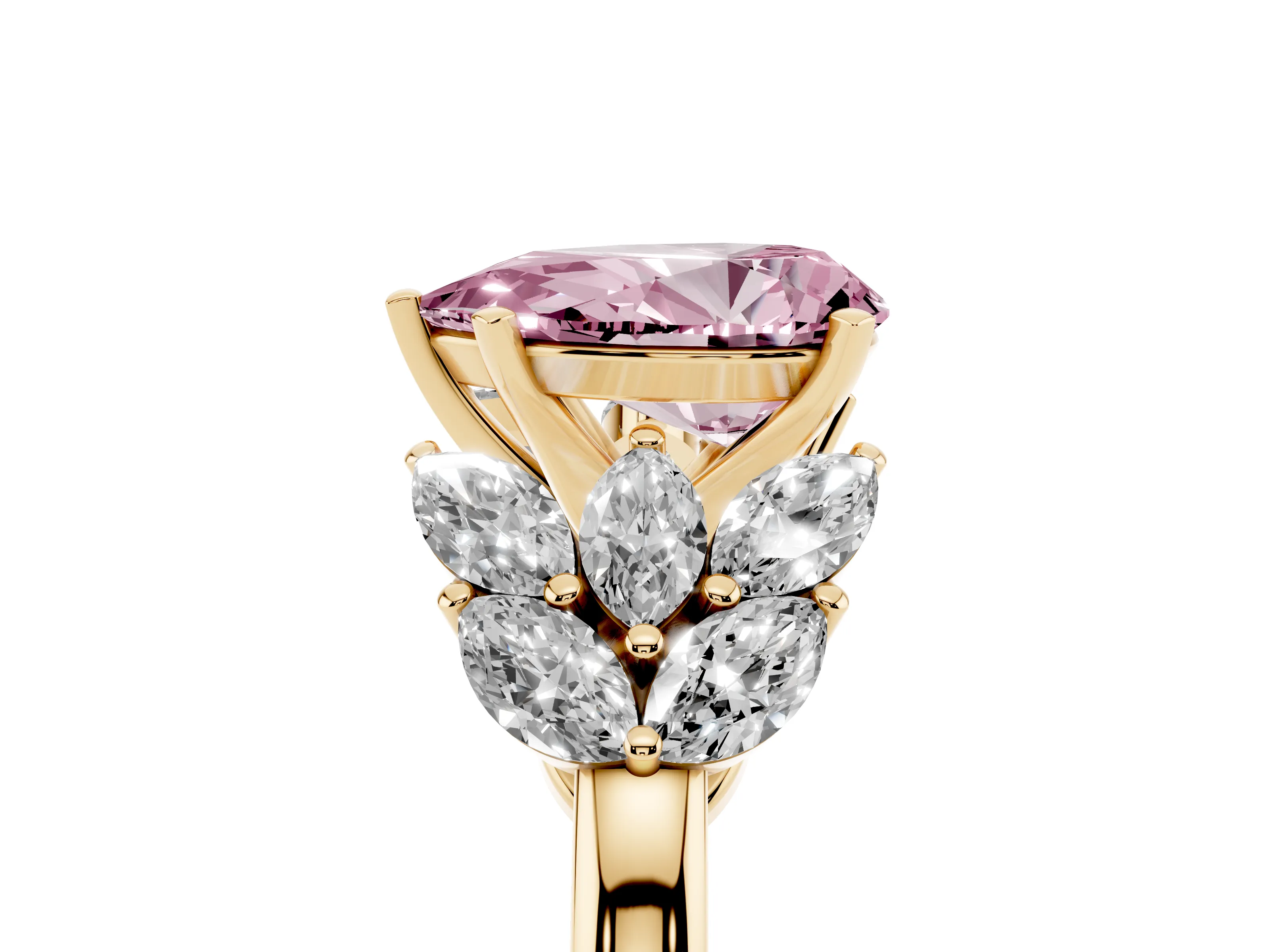Fancy Pink Pear Cut Diamond Cluster Leaf Design Ring Set in Yellow gold with Prong Setting