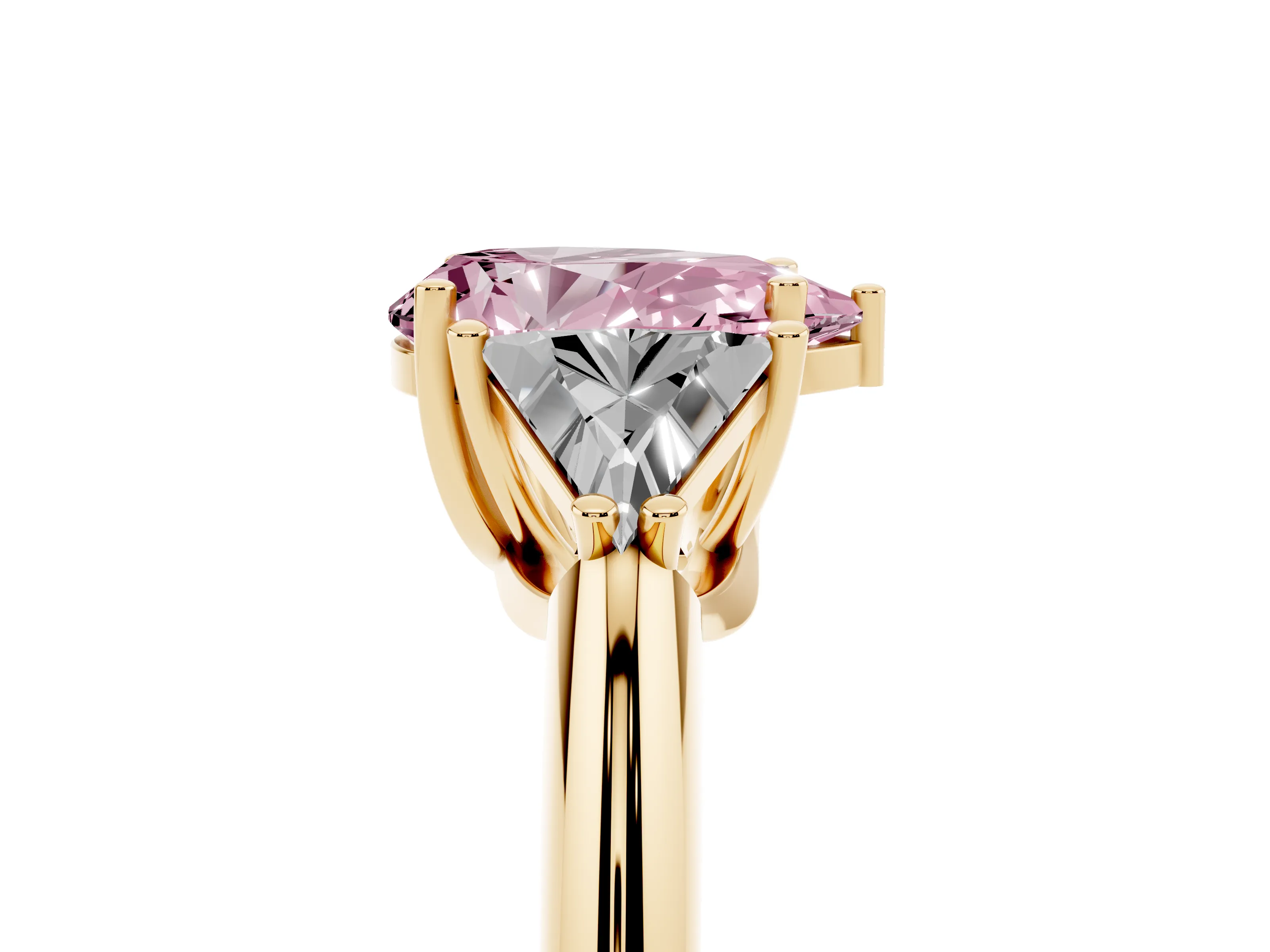 Fancy Pink Pear Cut Diamond Three-Stone Engagement Ring Set in Yellow gold with Trillion Side Stones