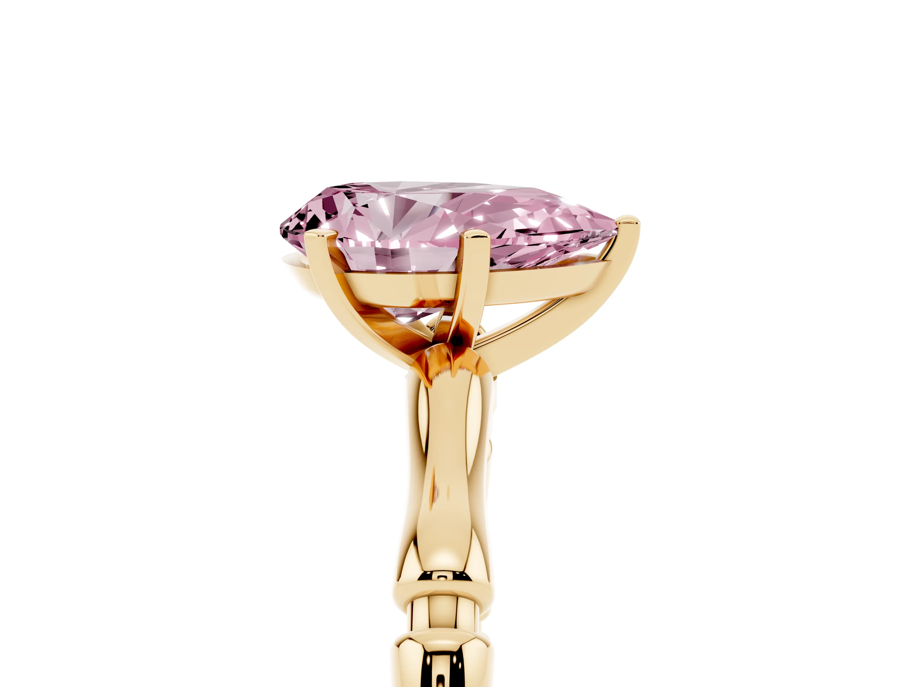 Fancy Pink Pear Cut Diamond Solitaire Ring Set in Yellow gold with Bamboo Band and Prong Setting