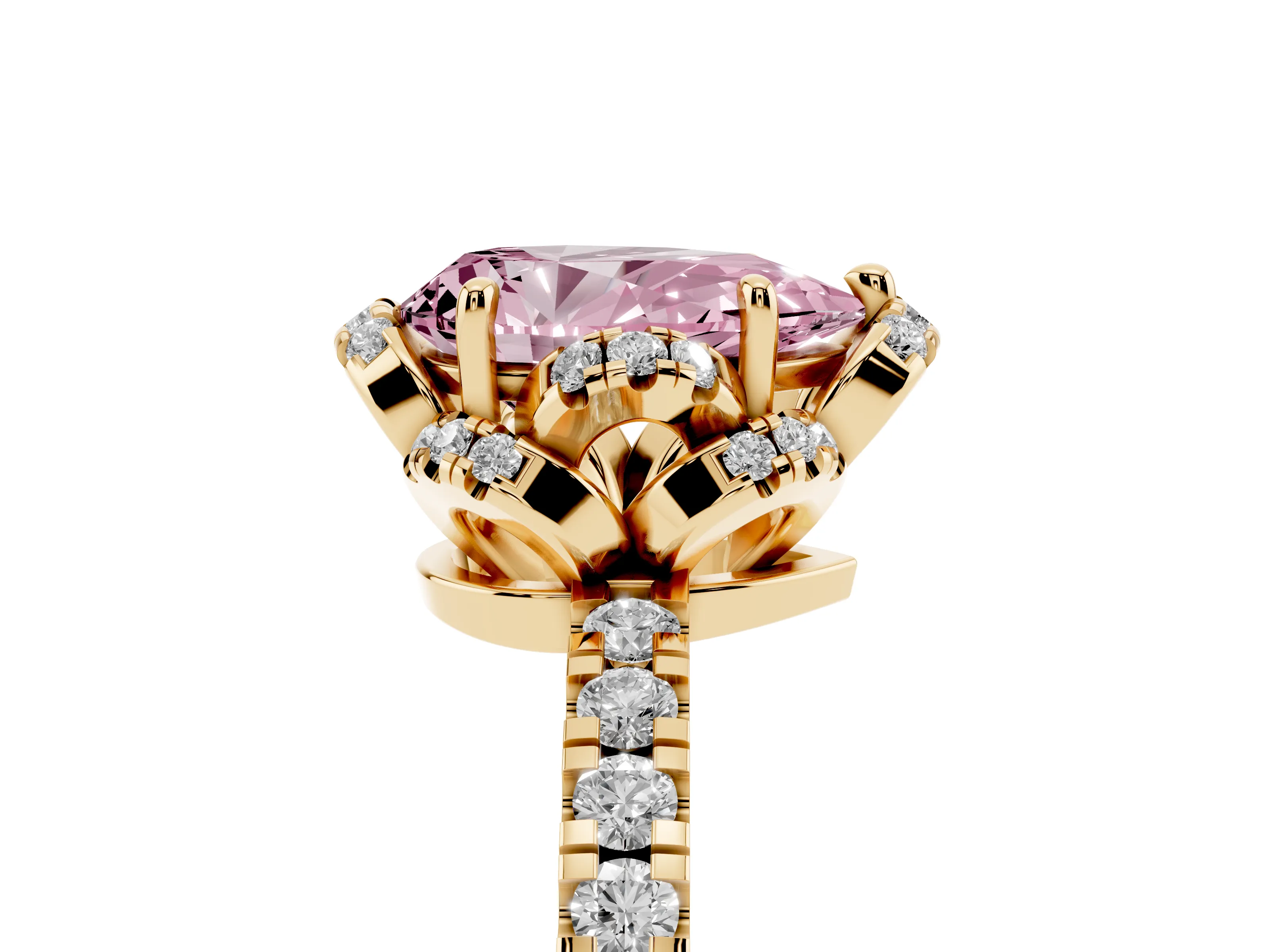 Fancy Pink Pear Cut Diamond Halo Pavé Band Ring Set in Yellow gold with Prong-Held Center