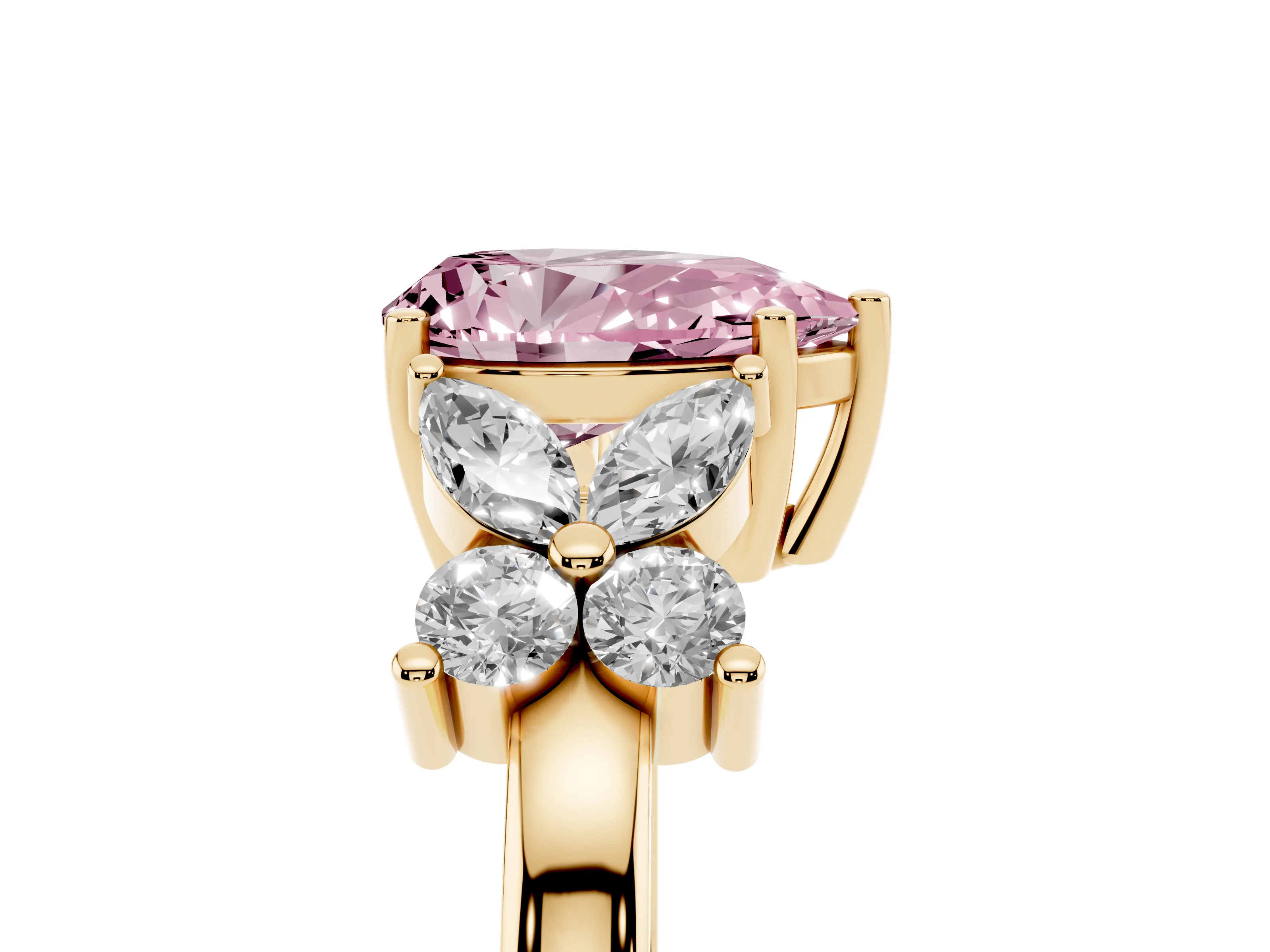 Fancy Pink Pear Cut Diamond Floral Cluster Ring Set in Yellow gold with Marquise Petals and Prong Setting