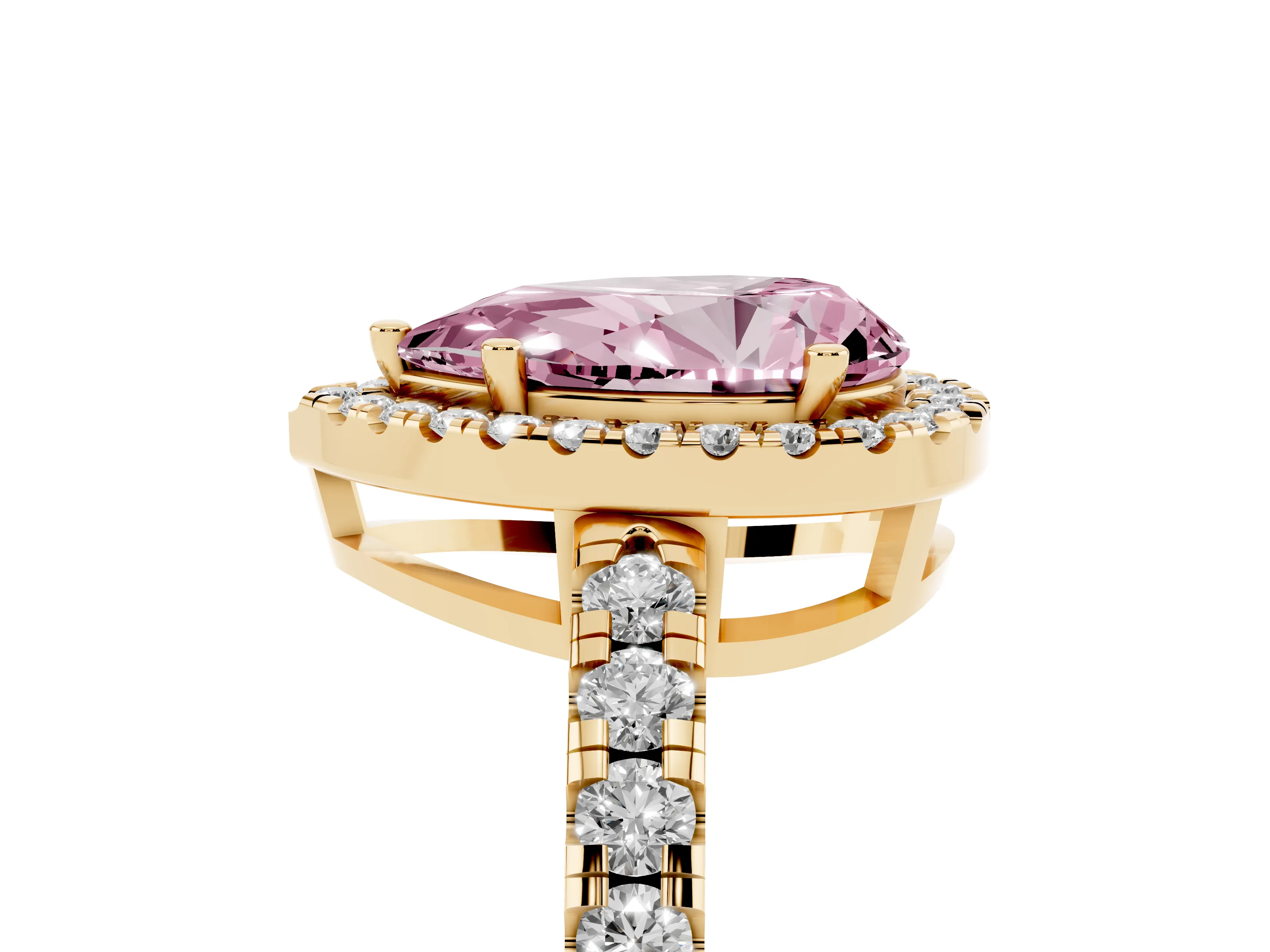 Fancy Pink Pear Cut Diamond Halo Ring Set in Yellow gold with Delicate Pavé Band and Prong Setting
