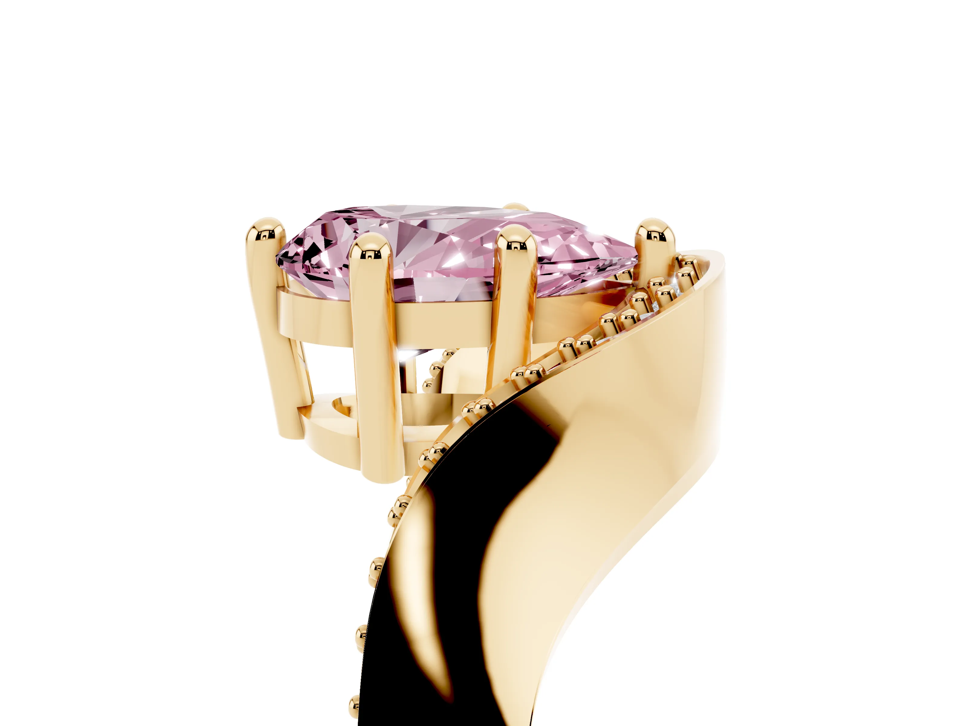 Fancy Pink Pear Cut Diamond Solitaire Engagement Ring Set in Yellow gold with Pavé Shoulders