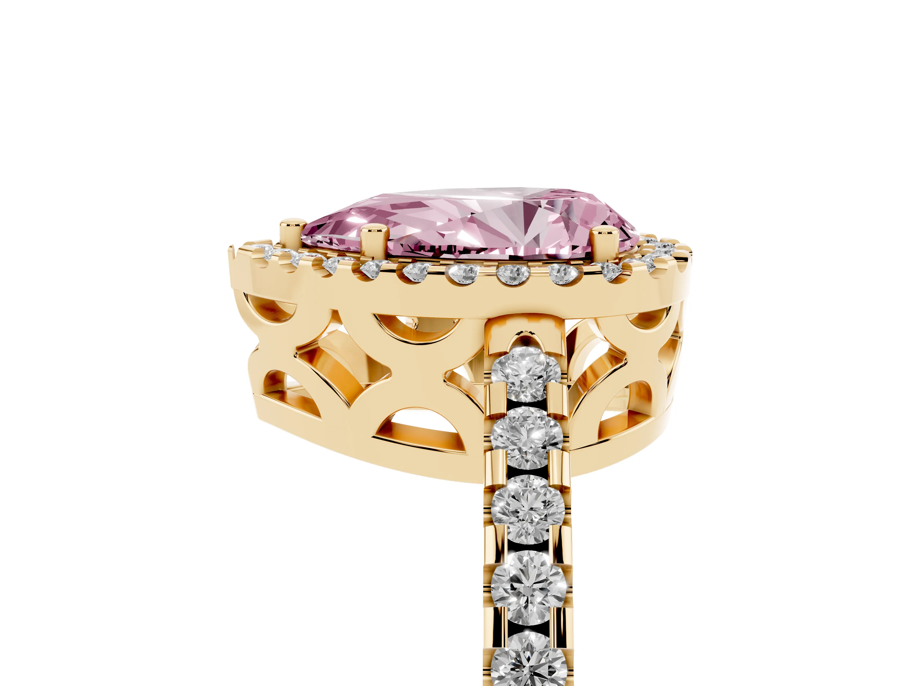 Fancy Pink Pear Cut Diamond Halo Ring Set in Yellow gold with Pavé Shoulders and Halo-Framed Center