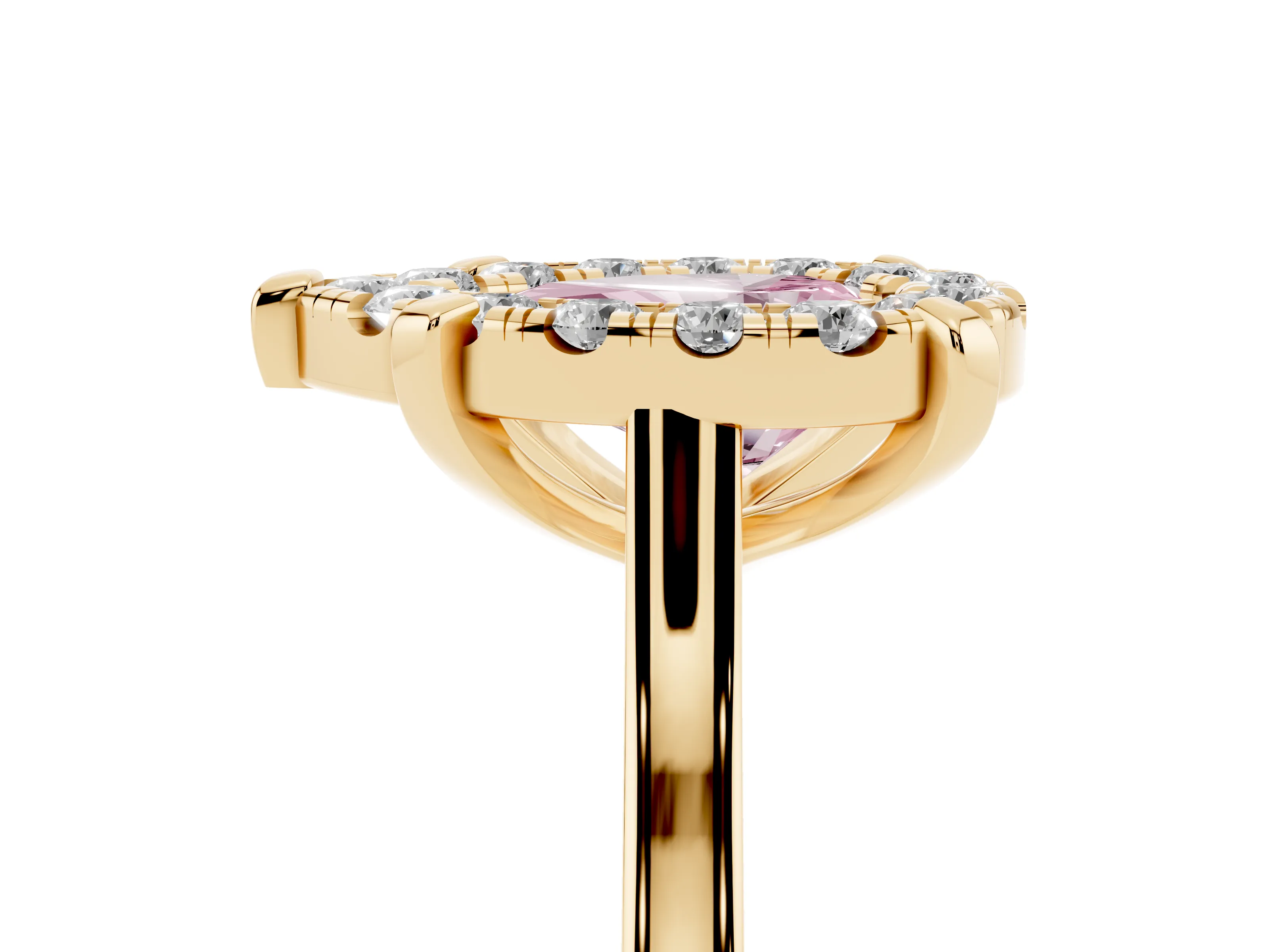 Fancy Pink Pear Cut Diamond Cluster Halo Solitaire Ring Set in Yellow gold with Prong Setting