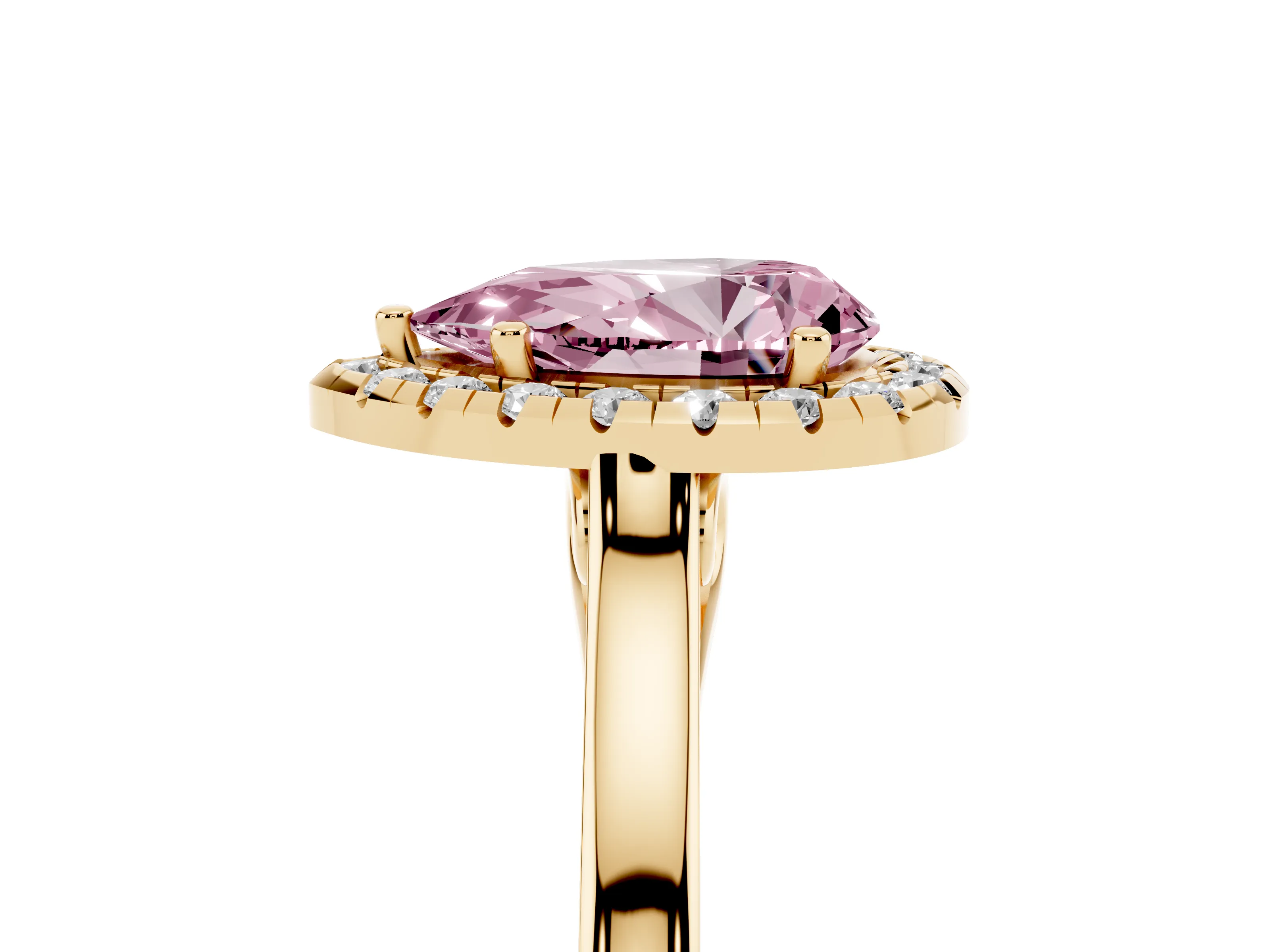 Fancy Pink Pear Cut Halo Round Diamond Solitaire Ring Set in Yellow gold with Pavé Band and Prong Setting