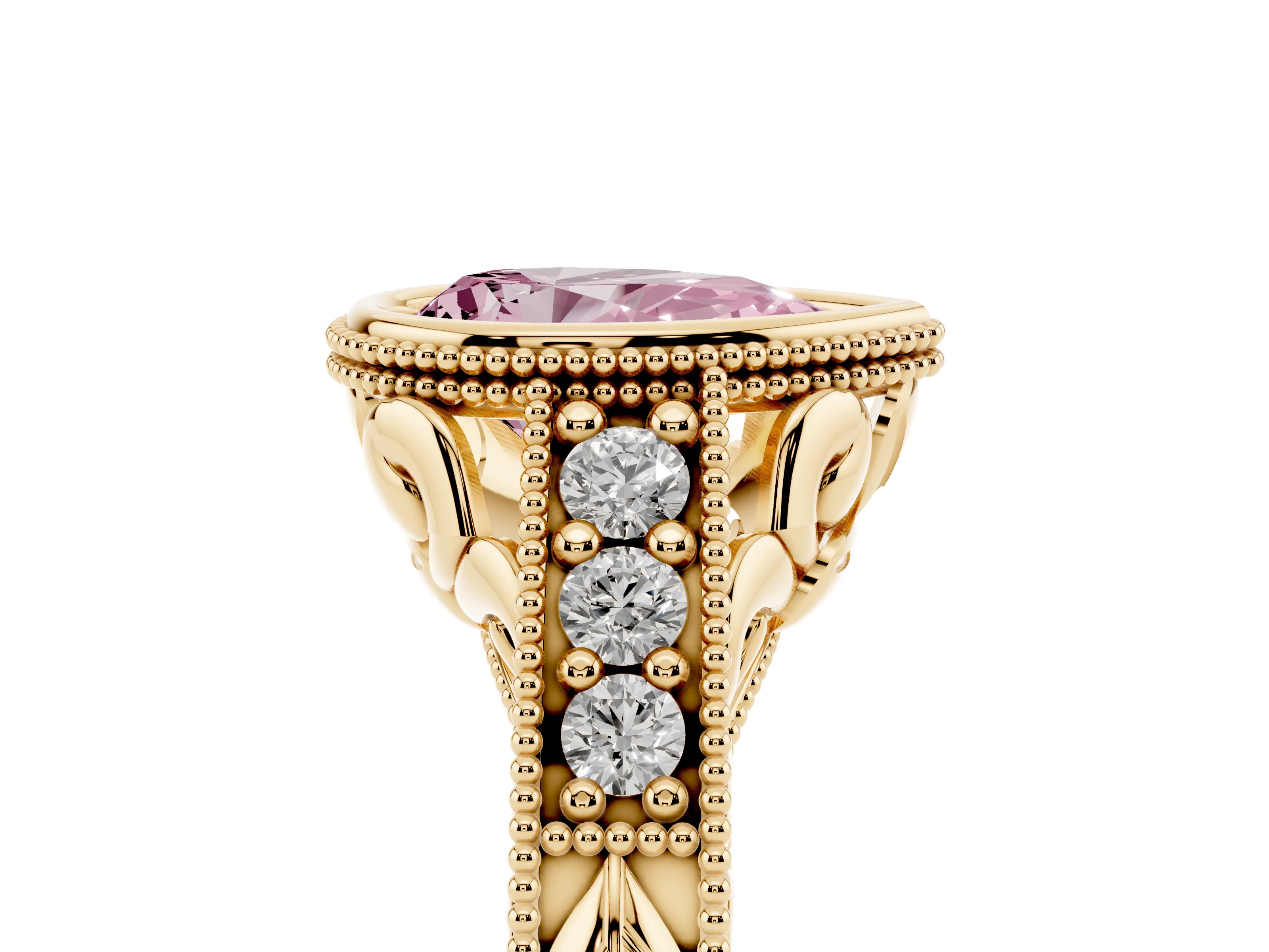 Fancy Pink Bezel Set Pear Cut Diamond Milgrain Pavé Engagement Ring Set in Yellow gold