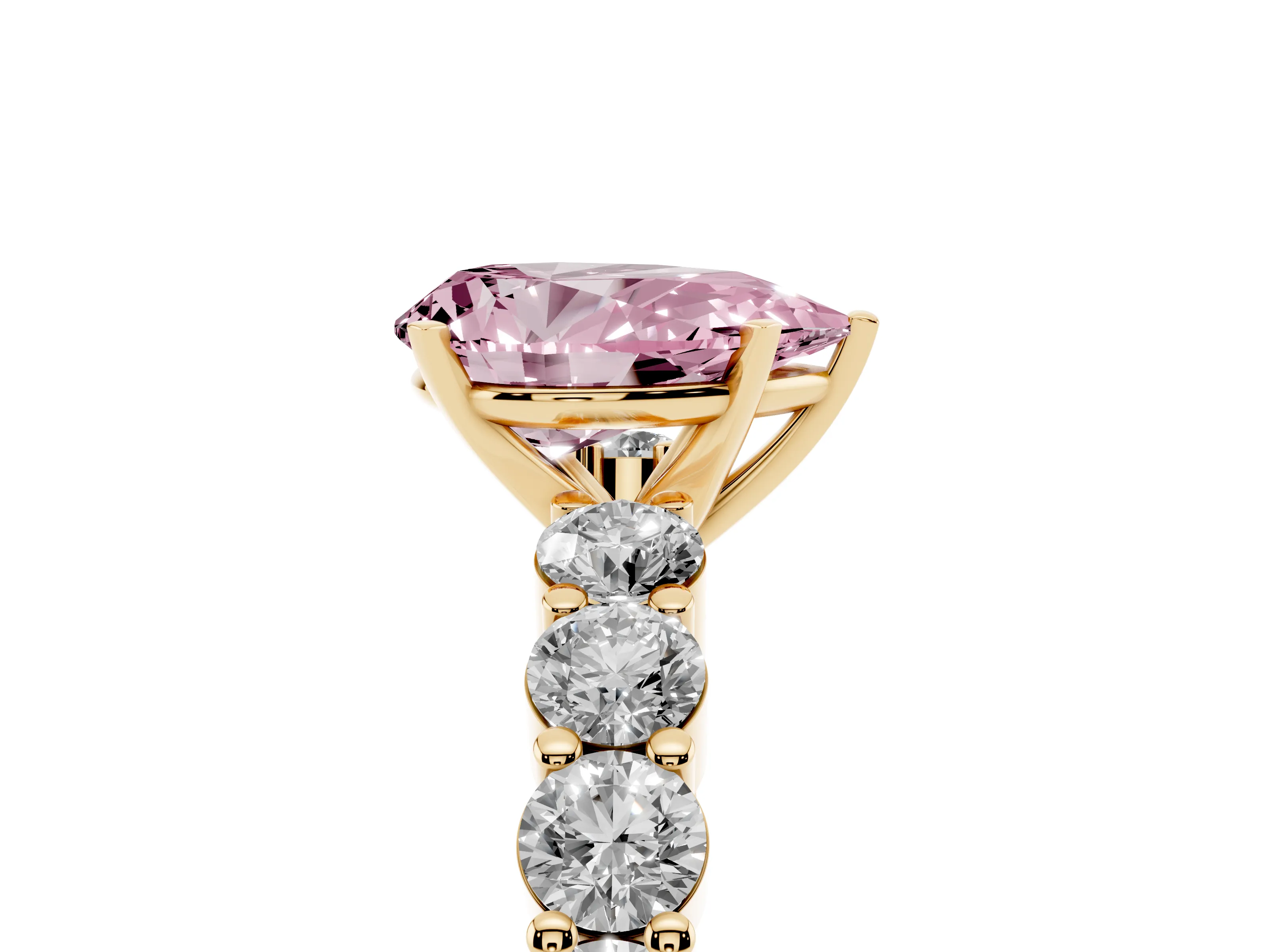 Fancy Pink Pear Cut Diamond Solitaire Ring Set in Yellow gold with Shared Prong Round Side Stones