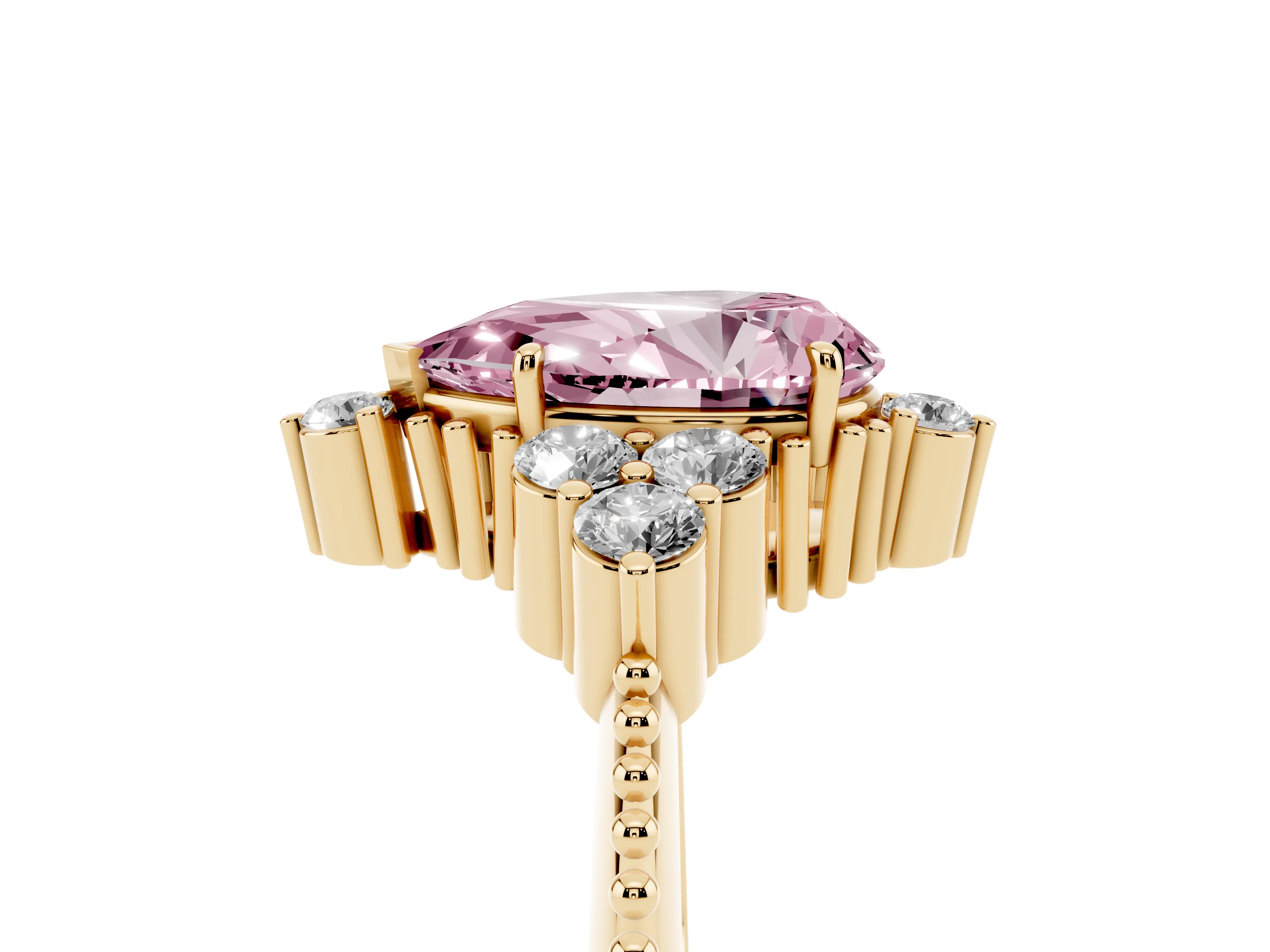 Fancy Pink Pear Cut Diamond Cluster Ring Set in Yellow gold with Beaded Band
