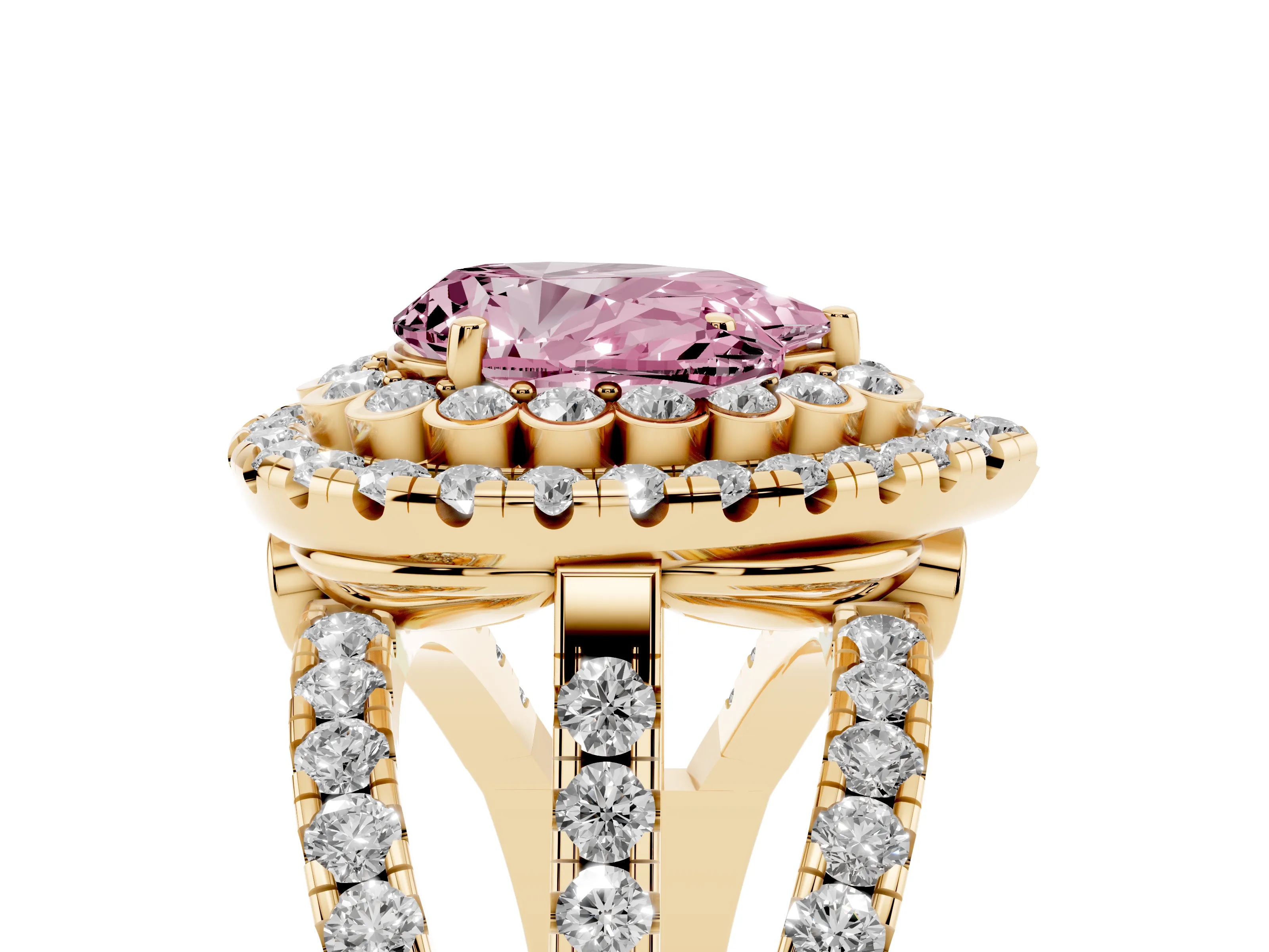 Fancy Pink Pear Cut Diamond Double Halo Ring Set in Yellow gold with Round Pavé Split Shank