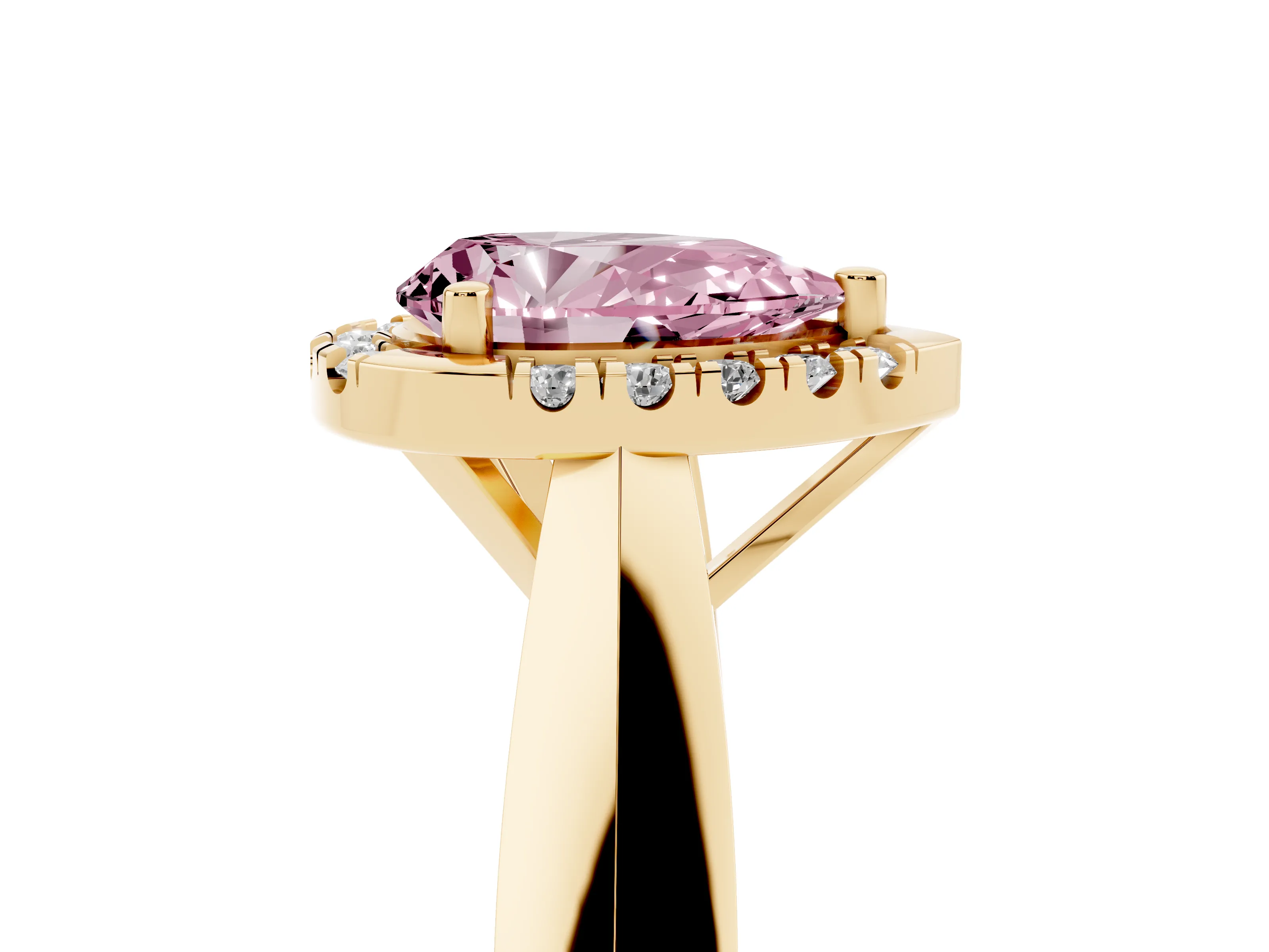 Fancy Pink Pear Cut Diamond Halo Solitaire Engagement Ring Set in Yellow gold with Square Band and Prong Setting