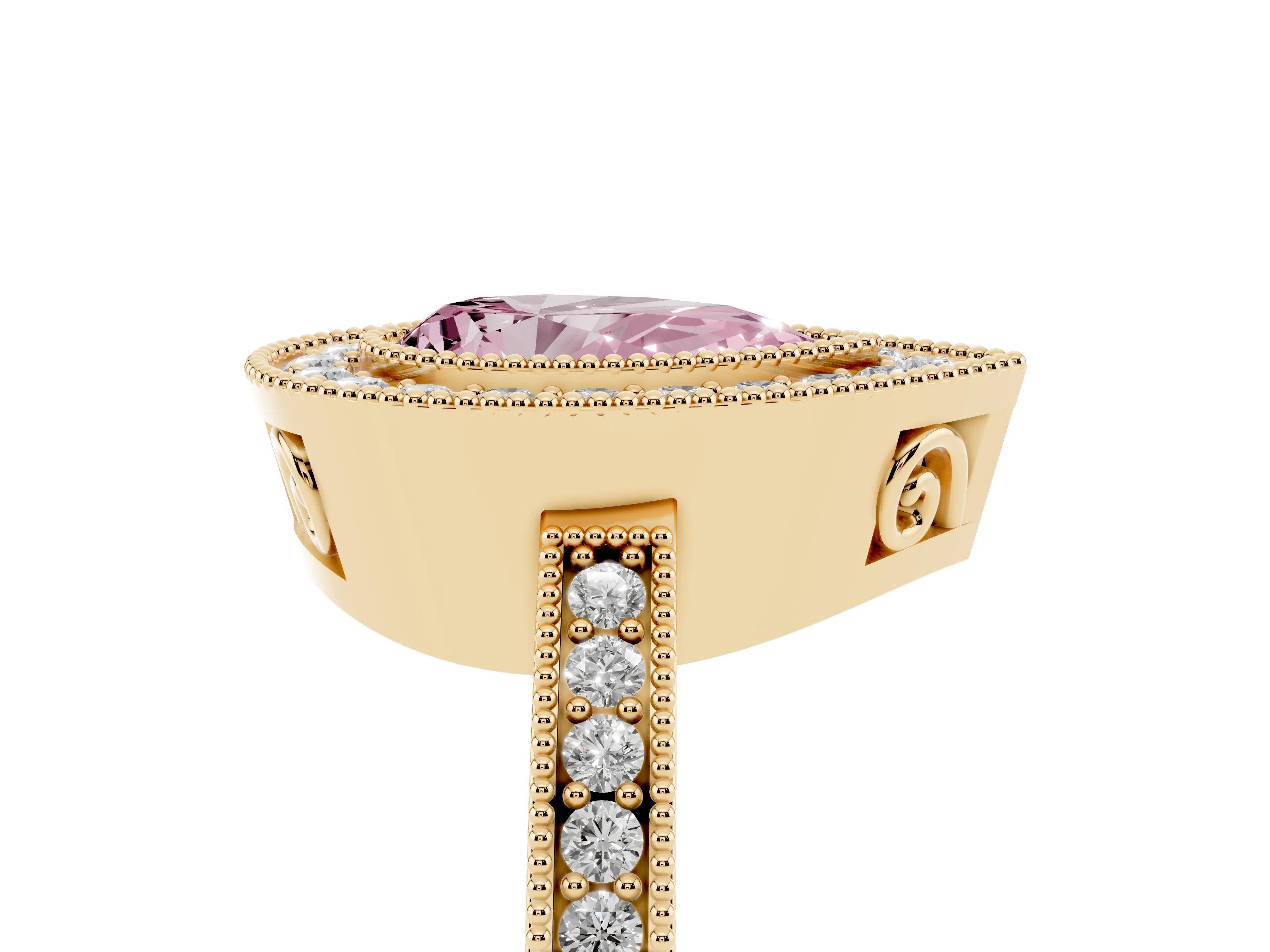 Fancy Pink Pear Cut Diamond Round Halo Ring Set in Yellow gold with Pavé Band