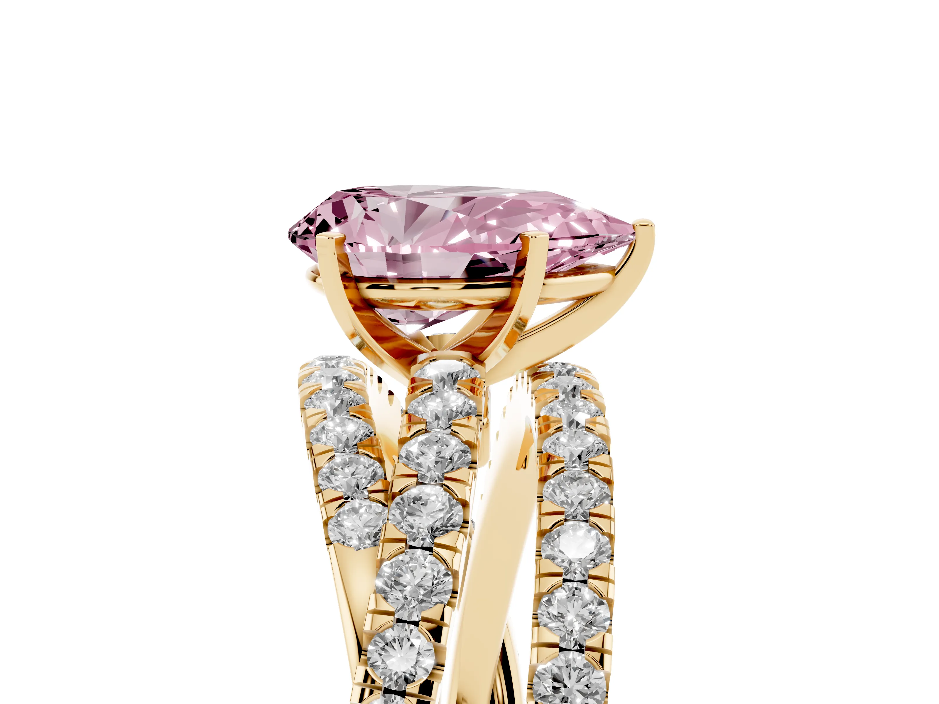 Fancy Pink Pear Cut Diamond Solitaire Twist Band Ring Set in Yellow gold with Pavé Setting and Prong Head