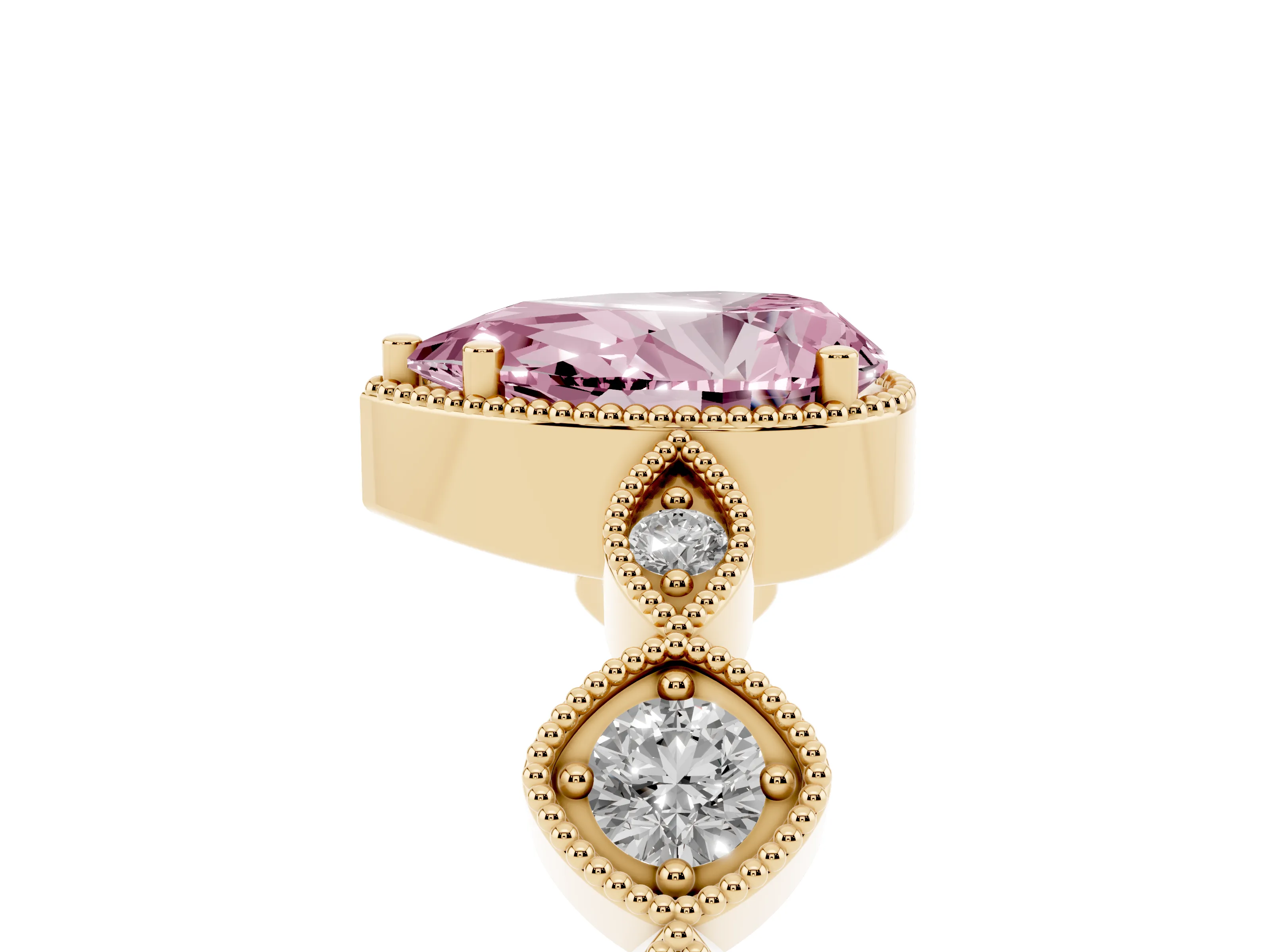 Fancy Pink Pear Cut Diamond Vintage-Inspired Milgrain Ring Set in Yellow gold with Marquise Stations of Round Accents