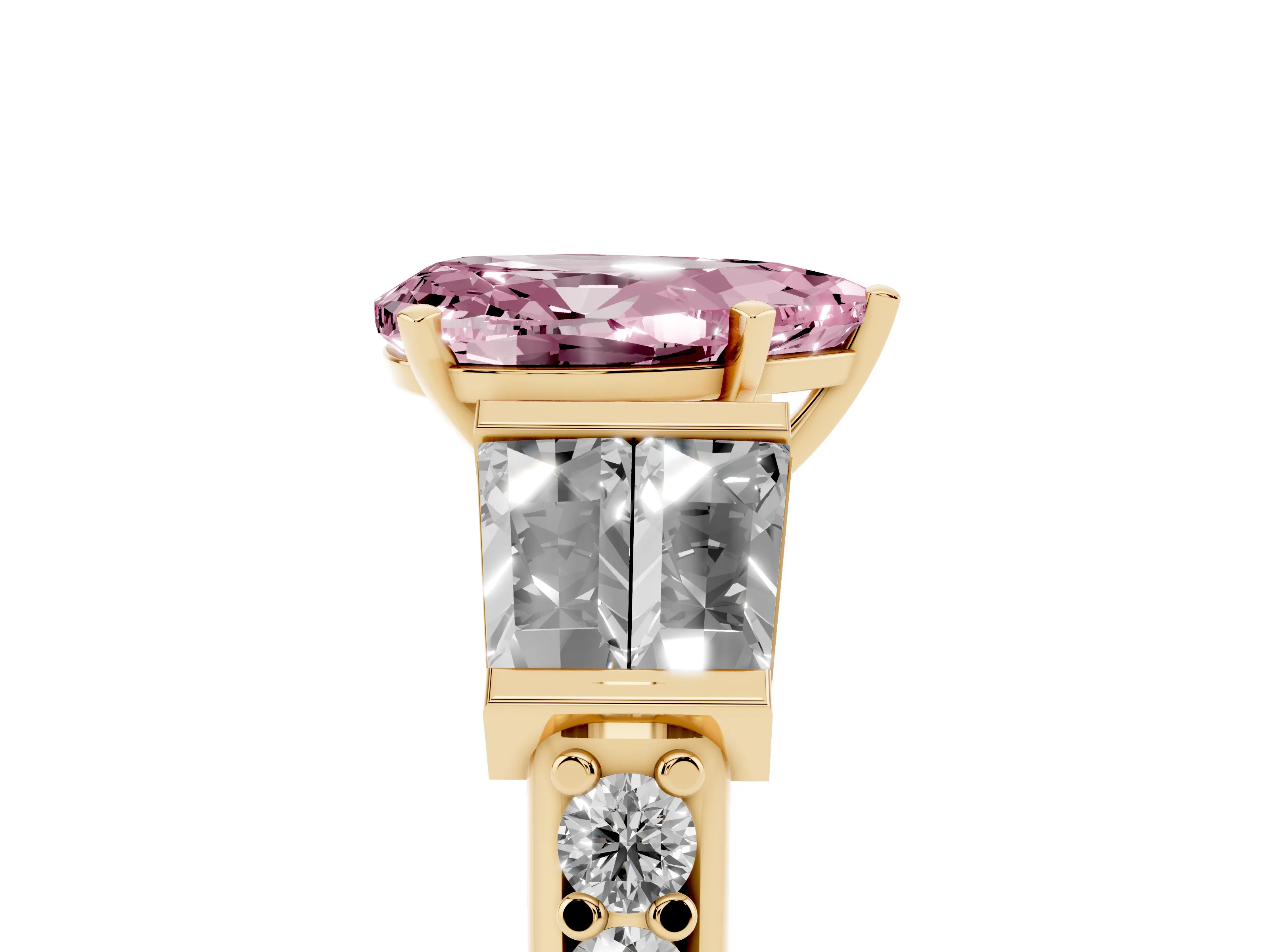 Fancy Pink Pear Cut Diamond Engagement Ring Set in Yellow gold with Baguette Side Stones and Channel Set Band